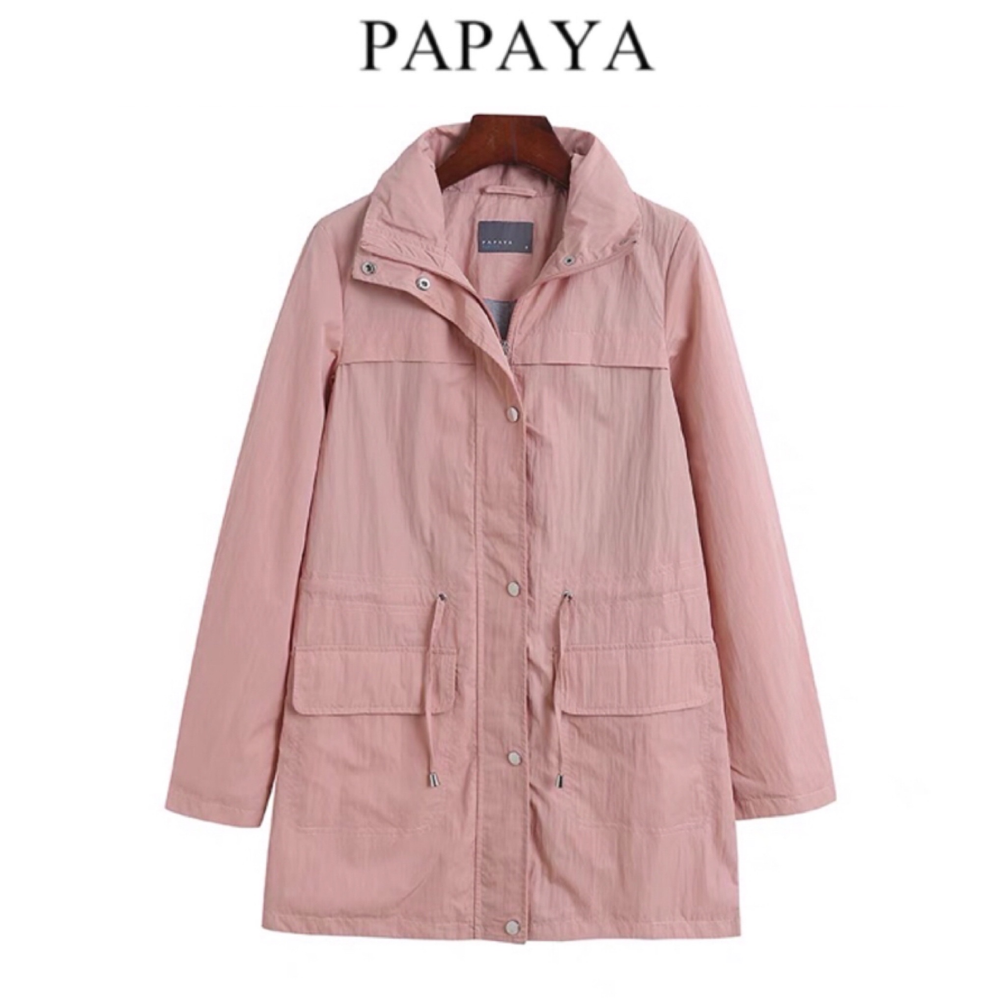Papaya เสื้อคลุม เสื้อแจ็คเก็ต ฮู้ด สีชมพู แพทเทินสวย หมวกฮู้ดพับเก็บได้ แบรนด์ PAPAYA ชมพู