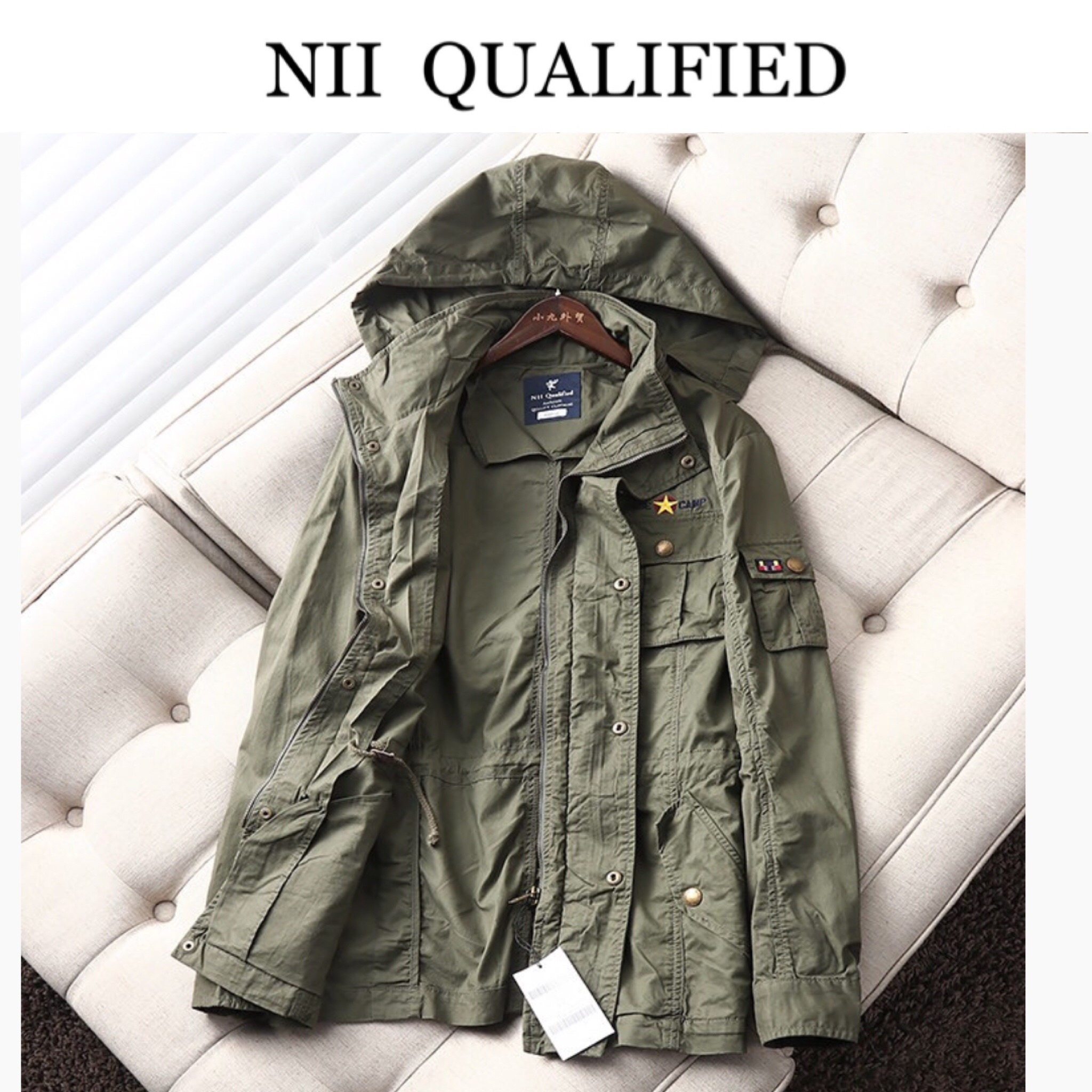 NII QUALIFIED เสื้อแจ็คเก็ต เสื้อเขียวทหาร เสื้อนอกฮูท แบรนด์NII QUALIFIED เกาหลี แท้ แพทเทินสวย เท่ห์มาก คะ Size M/L/XL/XXL(หมวกฮูทพับเก็บได้คะ) สำเนา เขียว