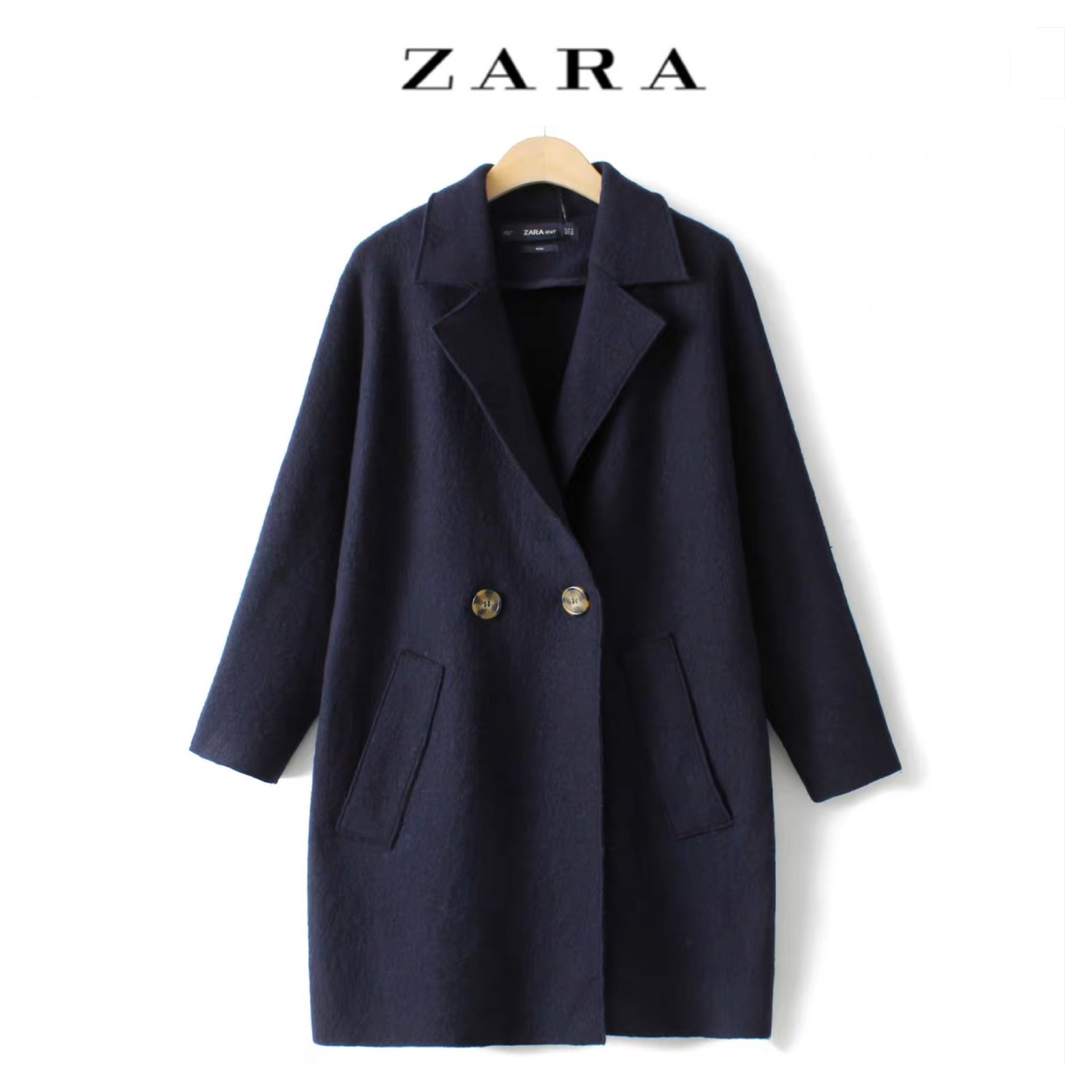 Zara เสื้อโค้ท เสื้อกันหนาว เนื้อผ้าสักหลาดวูล สีน้ำเงินกรม แบรนด์zara