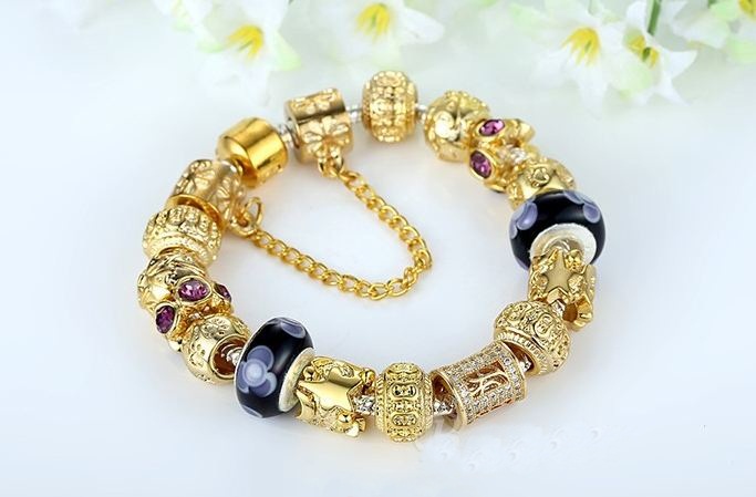 สร้อยข้อมือ Diy สไตล์ Pandora สร้อยข้อมือทอง ผู้หญิง ใส่ออกงาน สไตล์ วัยรุ่น มีระดับ ร้อย Charm ติดเพชร CZ สุดหรู สลับ Glass Beads สีดำ 773237