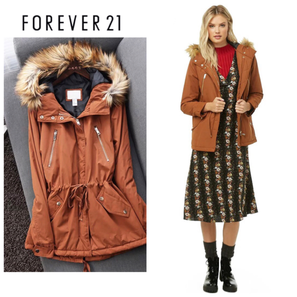 Forever21 เสื้อโค้ทฮู้ดกันหนาว เสื้อปาร์กา parka สีเขียว แต่งเฟอร์ แบรนด์ FOREVER21 เขียว