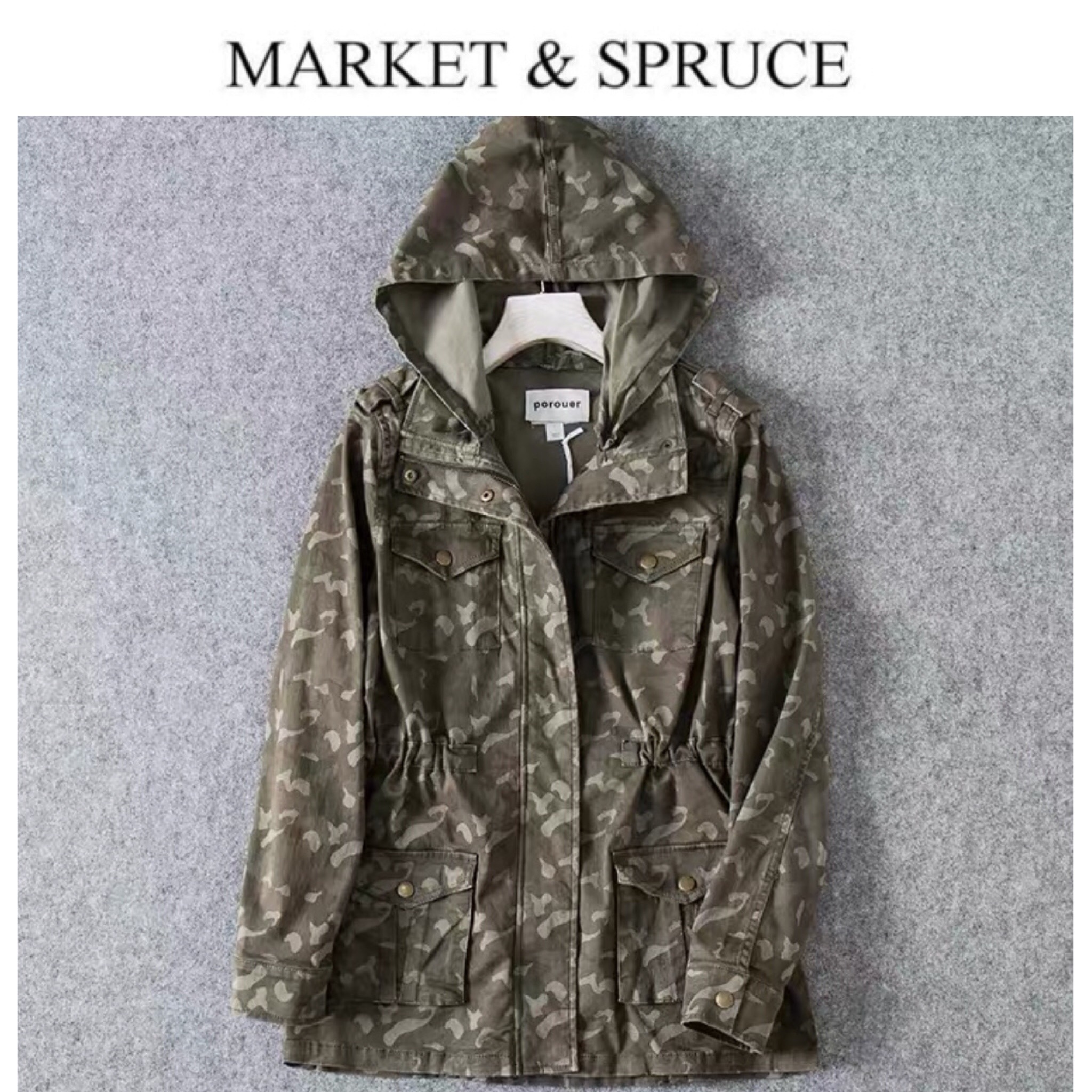 Market & spruce เสื้อฮู้ดทหาร เสื้อคลุม สีเทา หมวกฮู้ด เสื้อปาร์กา เสื้อ นอก งานสวย เท่ห์มากคะ(หมวกฮู้ดถอดไดเคะ) Size XL/XXL เทา
