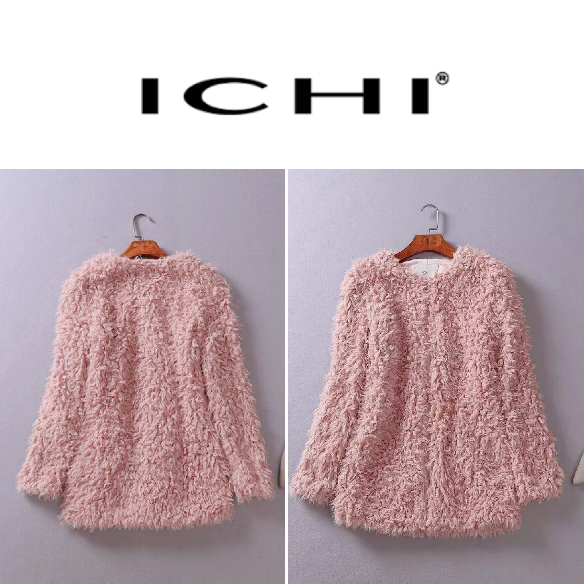 Ichi เสื้อคลุม ขน fluffy coat สีชมพูอ่อน เสื้อกันหนาวแต่งขนสีขาว แบรนด์เนม ICHI JAPAN แท้ 100% แพทเทินสวย หรู มากคะ Size S/M ชมพู