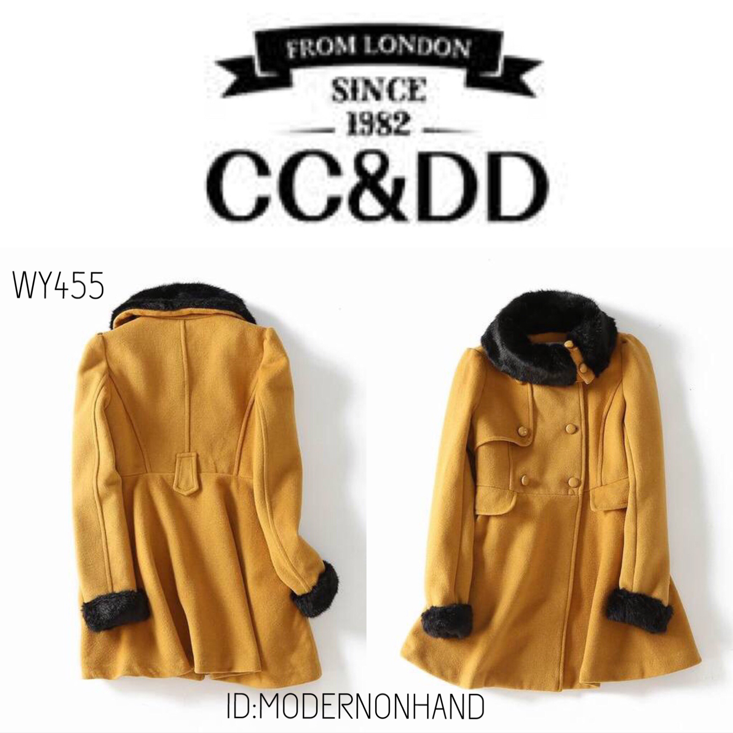 เสื้อโค้ท โค้ท สักหลาด สีขมิ้น แบรนด์เนม CC&DD แท้ แต่งเฟอร์คอปก& แขน (เฟอร์แขนถอดได้คะ) งานสวย แพทเทินหรูมากคะ Size S/M เหลือง