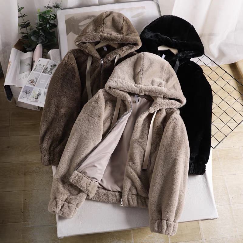 Zara เสื้อเฟอร์กันหนาว หมวกฮู้ด เสื้อขน แบรนด์zara สำเนา ดำ