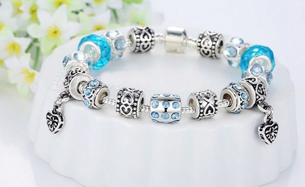สร้อยข้อมือ Diy สร้อยข้อมือ Charm สไตล์ Pandora ร้อย ลวดลาย เงินโบราณ สลับ คริสตัล สีสวย โทนสีฟ้า ห้อยจี้ รูปหัวใจ สุดหรู 813882