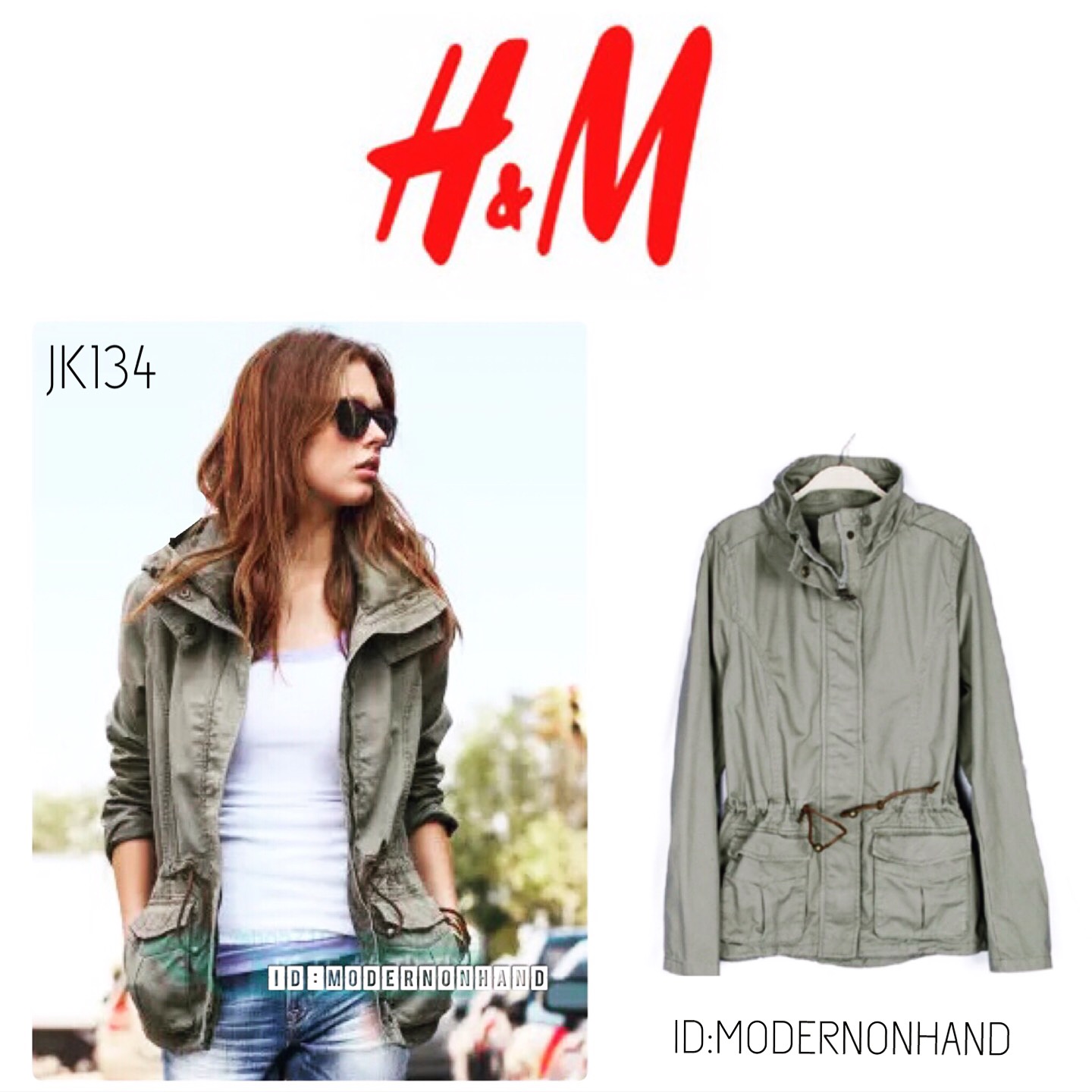 เสื้อนอก เสื้อคลุม เสื้อทหาร สีเขียวทหาร แบรนด์เนมH&M แท้ แต่งสายรัดเอว เนื้อผ้าหนา สวย แนวมากคะ SiZe S/M