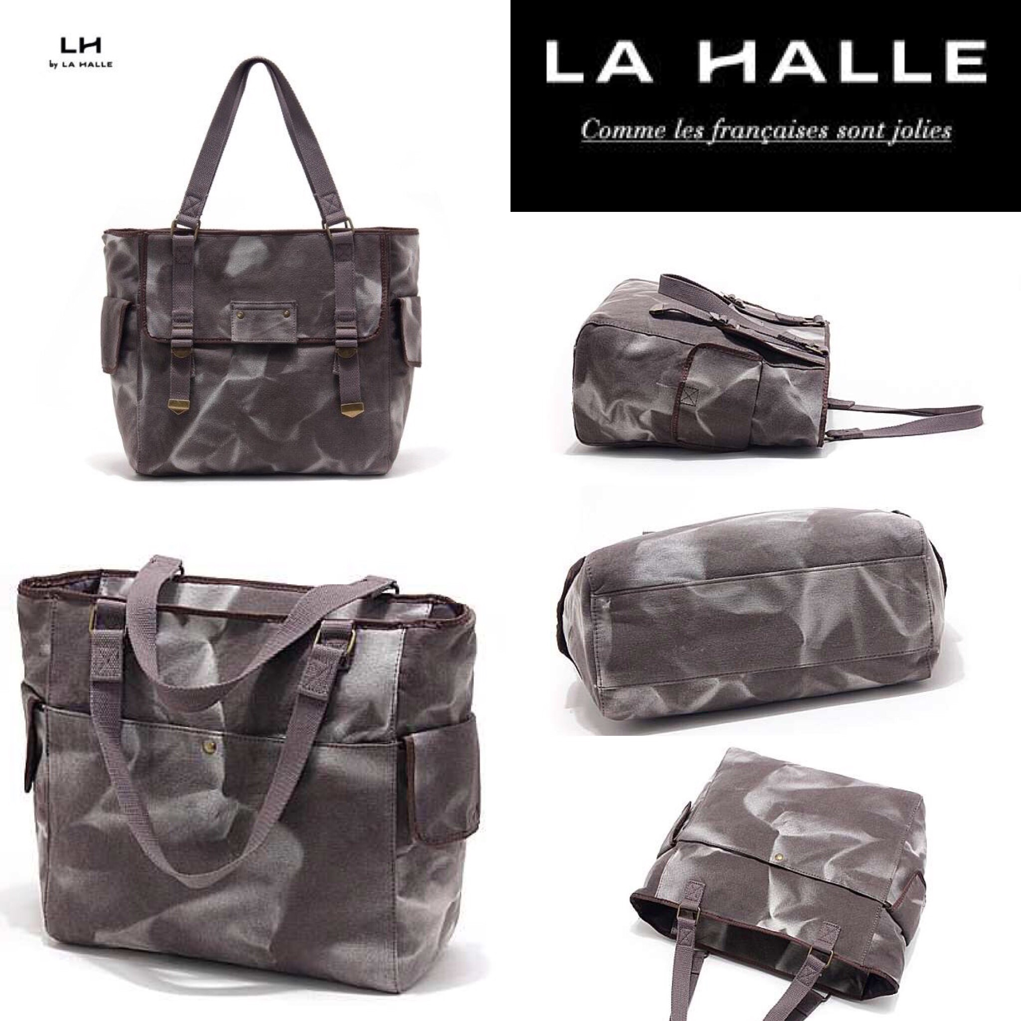 La halle กระเป๋าสะพายข้าง กระเป๋าผ้าดิบ แบรนด์เนม ดัง LA HALLE จาก USAเนื้อผ้าแคนวาส ลายพรางโทนน้ำตาล แต่งสายเข็มขัด แนวลุยๆ เนื้อผ้าหนา สวย ทนทาน ลายพราง