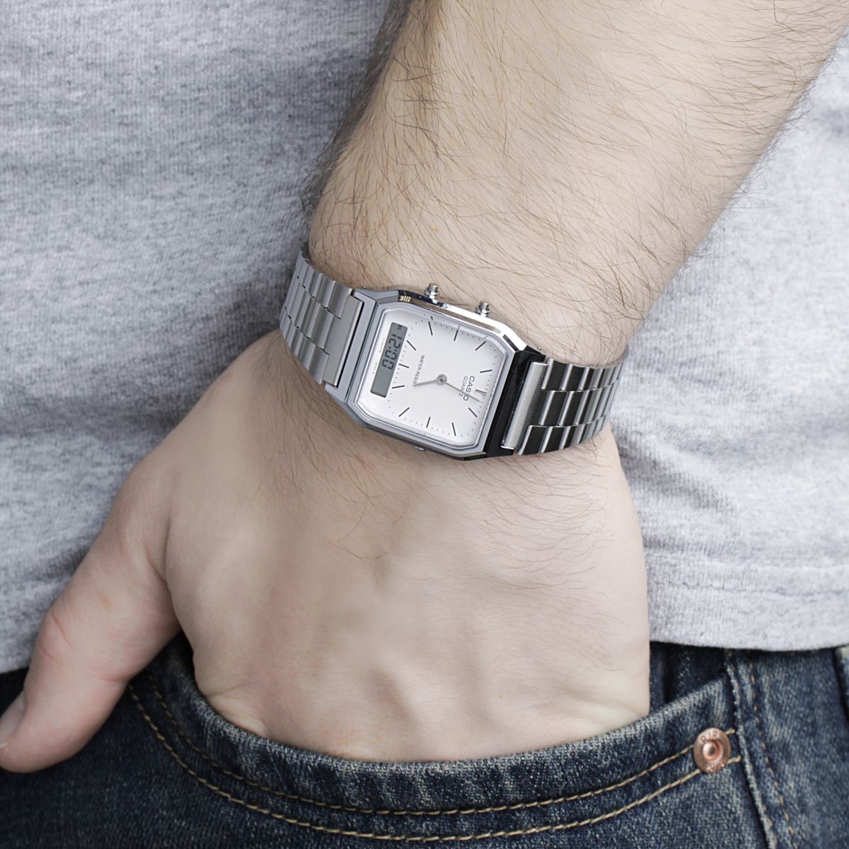 CASIO นาฬิกาคาสิโอ นาฬิกาข้อมือ นาฬิกากันน้ำ นาฬิกาของแท้ ประกันศูนย์ CMG 1 ปี รุ่น AQ-230A-7B นาฬิกาสีเงิน