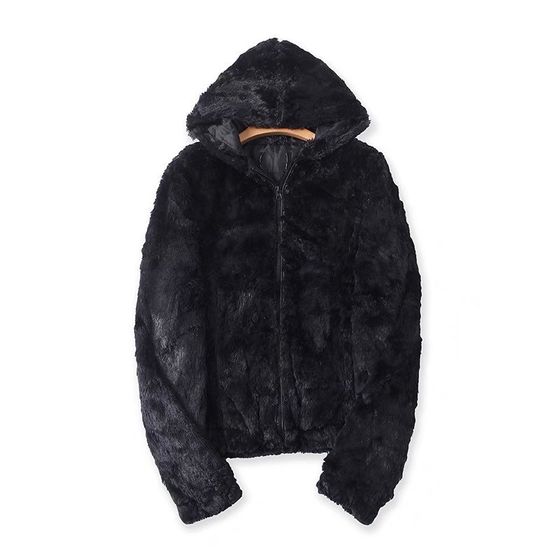 Page เสื้อเฟอร์กันหนาว หมวกฮู้ด เสื้อขน Fluffy coat แบรนด์ page One สำเนา ดำ