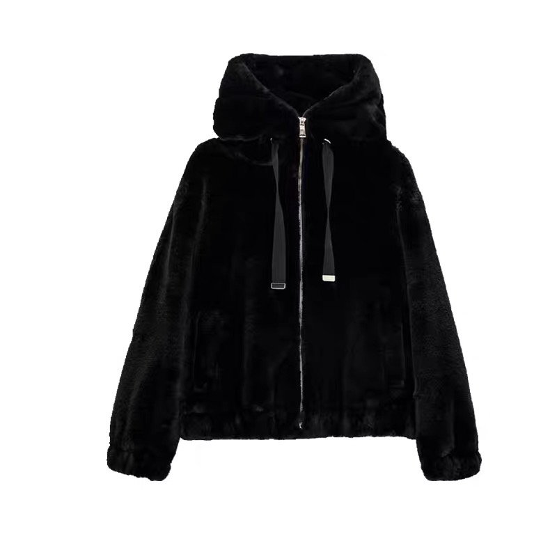 Page one เสื้อเฟอร์กันหนาว หมวกฮู้ด เสื้อขน Fluffy coat แบรนด์ page One ดำ