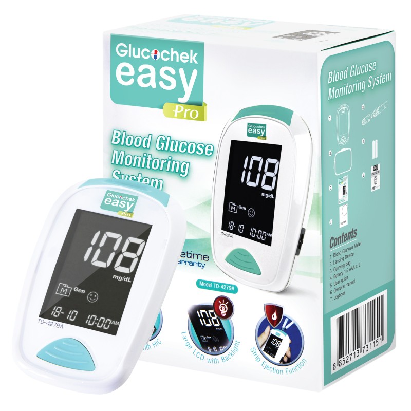 เครื่องตรวจวัดน้ำตาลในเลือด / เบาหวาน Glucochek Easy Pro กลูโคเช็ค อีซี่ โปร รับประกันตลอดอายุการใช้งาน แถมฟรี แถบตรวจ 50 ชิ้น /เข็มปริง 100 ชิ้น
