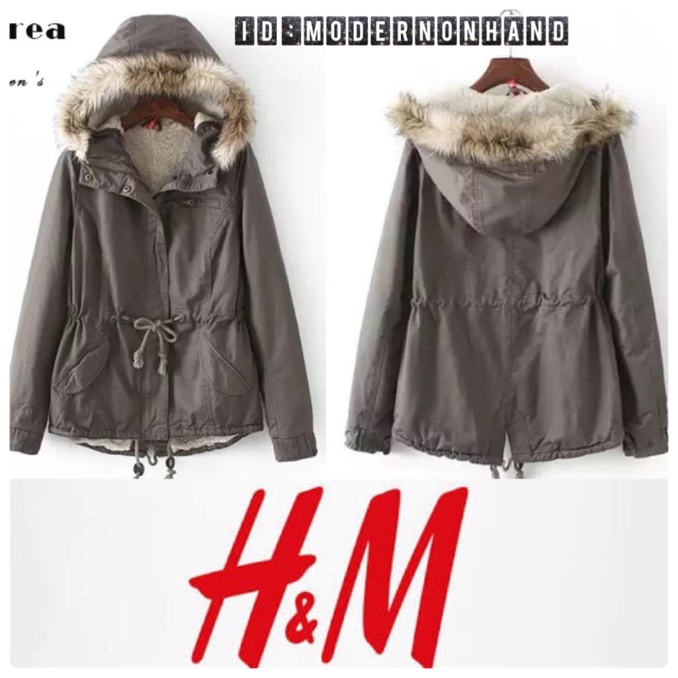 เสื้อโค้ท เสื้อกันหนาว สีเทา แบรนด์เนม H&M แต่งหมวกฮูท บุขนอุ่นสีขาวด้านใน แต่งขนเฟอร์ขอบหมวก แพทเทินสวย งานหรู อุ่น มากคะ size S/M/L/XL/XXL เทา
