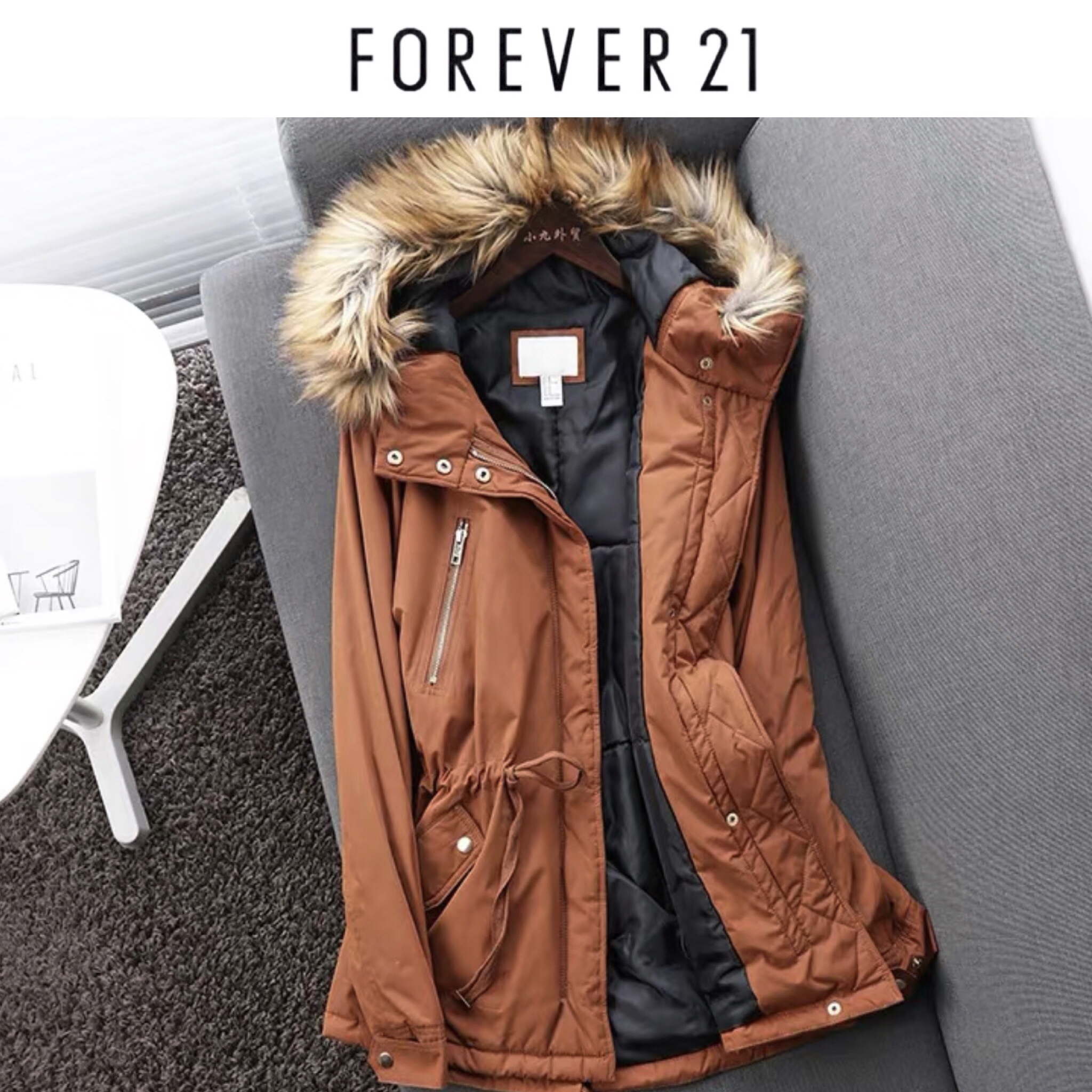 Forever21 เสื้อโค้ทฮู้ดกันหนาว เสื้อปาร์กา parka สีส้มอิฐ แต่งเฟอร์ แบรนด์ FOREVER21 สำเนา ส้มอิฐ