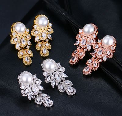 ต่างหู ตุ้มหู เงิน ทอง rose gold ต่างหู แบบยาว ไข่มุก ฝังเพชร CZ AAA ต่างหูแบบยาว ใส่ออกงาน สวยหรู ดูดี 459713