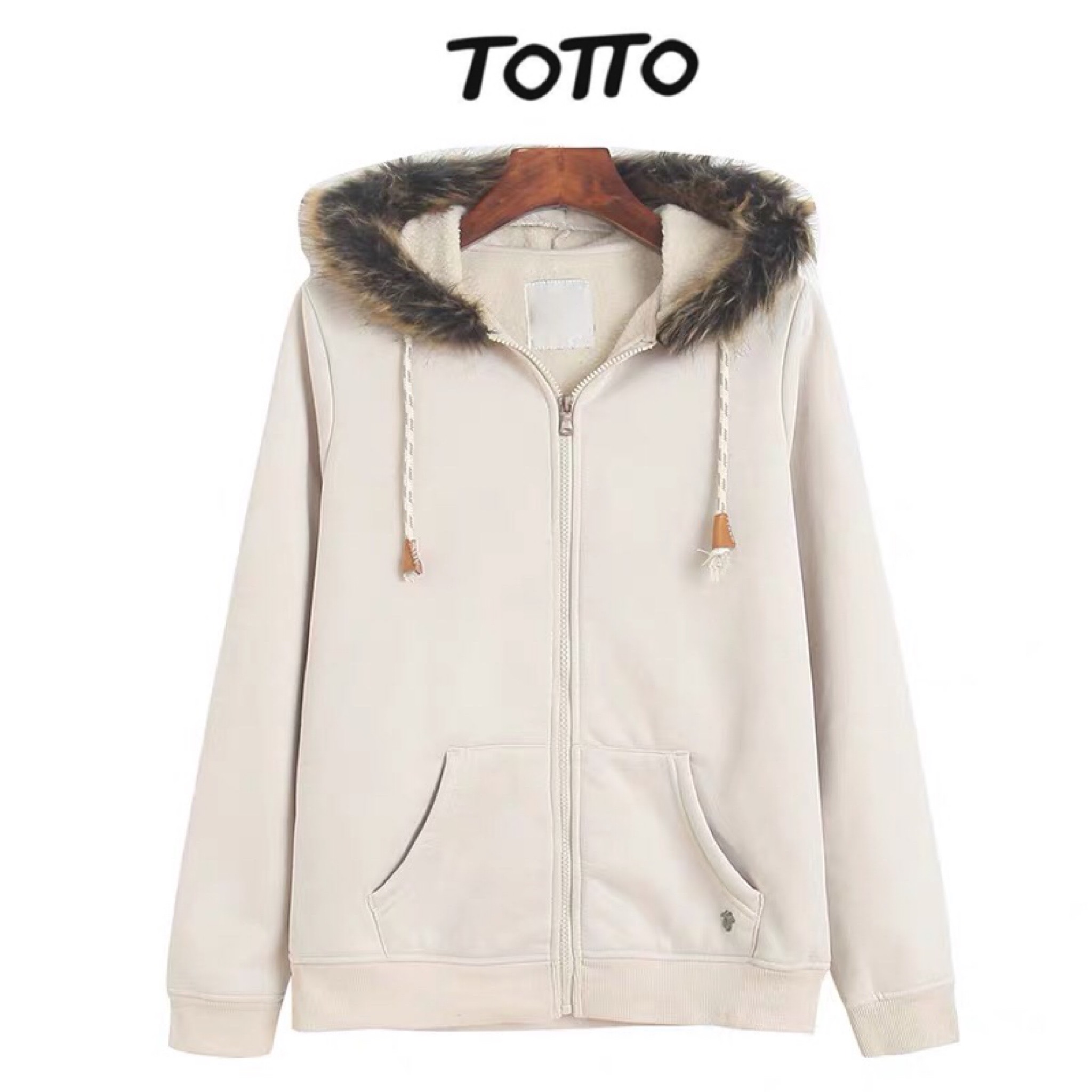 Totto เสื้อวอร์ม เสื้อกันหนาว หมวกฮู้ดสีครีม ซับขนอุ่น แบรนด์ TOTTO เทา