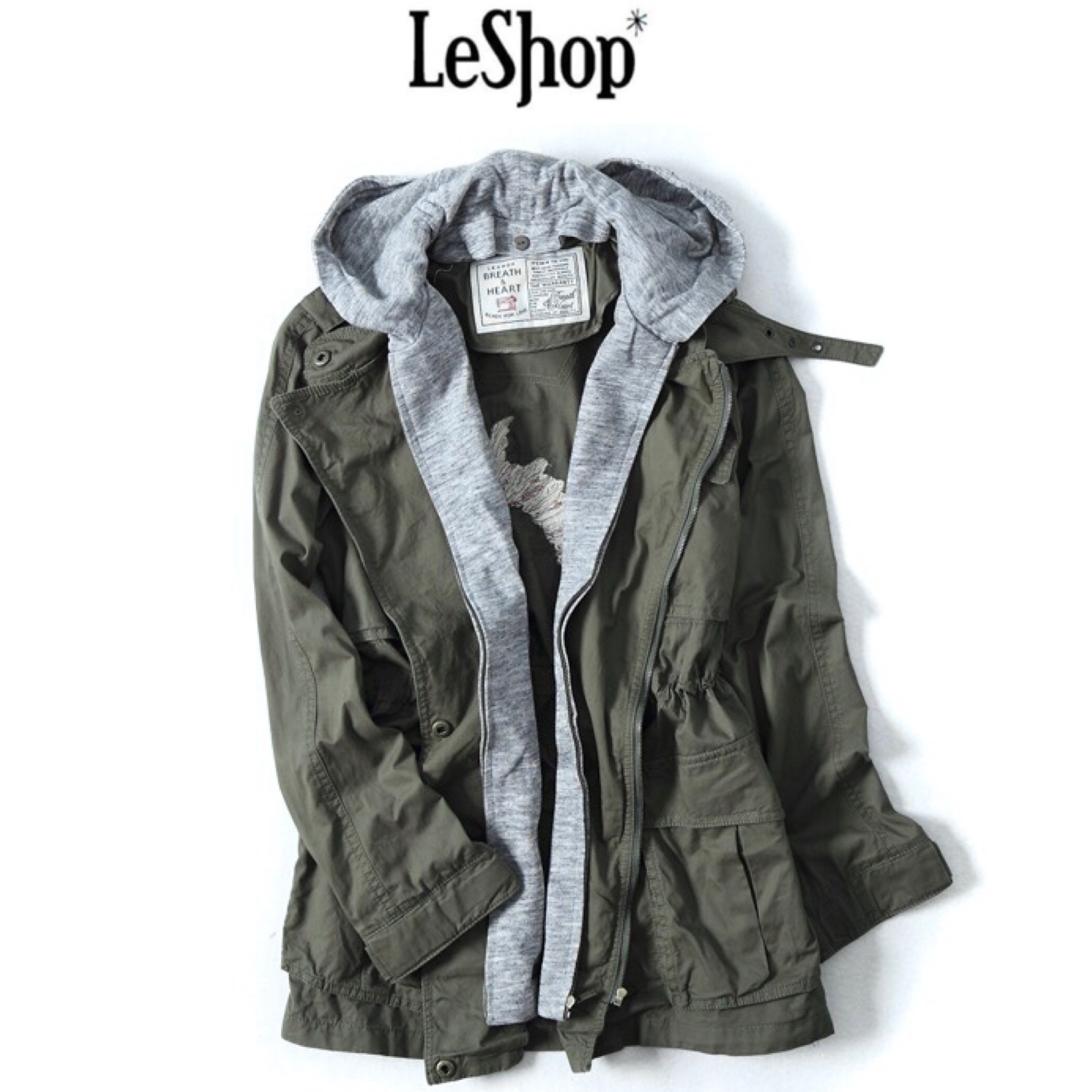 Le shop เสื้อฮู้ดเขียวทหาร เสื้อนอกแนวทหาร แบรนด์Le shop (Korea)แพทเทินสวย เท่ห์มากคะ (หมวกฮู้ดถอดได้ค่ะ) เขียว