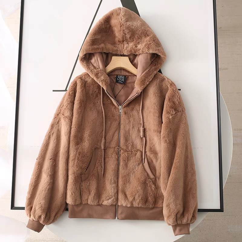 เสื้อเฟอร์กันหนาว หมวกฮู้ด เสื้อขน Fluffy coat แบรนด์ JOLIES & JOY ดำ