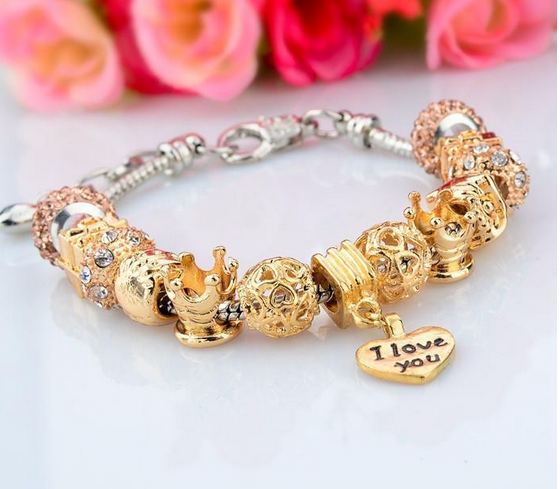สร้อยข้อมือ Diy สไตล์ Pandora สร้อยข้อมือ ผู้หญิง สีทอง ร้อย บีด ลูกบอล มงกุฏ กล่องของขวัญ สลับ ลูกบอลกลม ทอง ฝังเพชร คริสตัล ออสเตเรีย 678992