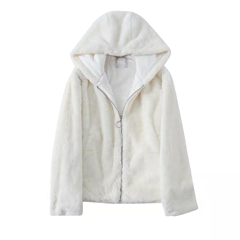 Forever21 เสื้อเฟอร์กันหนาว หมวกฮู้ด เสื้อขน แบรนด์ forever21 (FLUFFY COAT) ขาว