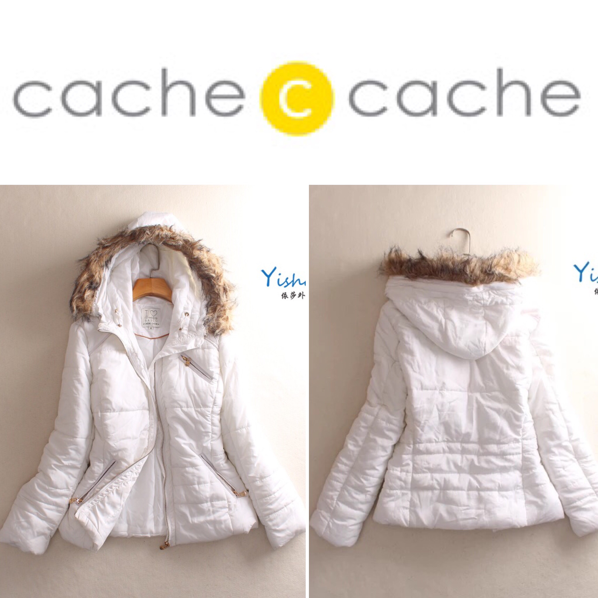 Cache cache เสื้อกันหนาว สีขาว แต่งหมวกฮูท ติดเฟอร์ แบรนด์เนม CACHE CACHE แท้100% คะ Size L/XL