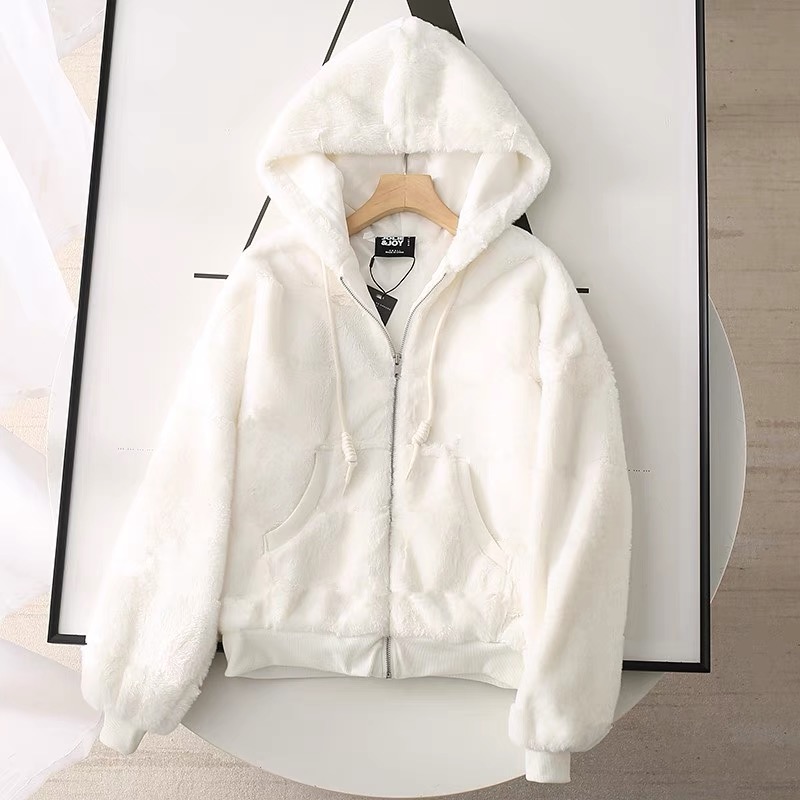 เสื้อเฟอร์กันหนาว หมวกฮู้ด เสื้อขน Fluffy coat แบรนด์ JOLIES & JOY ดำ