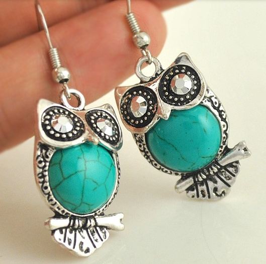 ต่างหูรูปนกฮูก ประดับหิน เทอควอย์ สีฟ้า no 72909