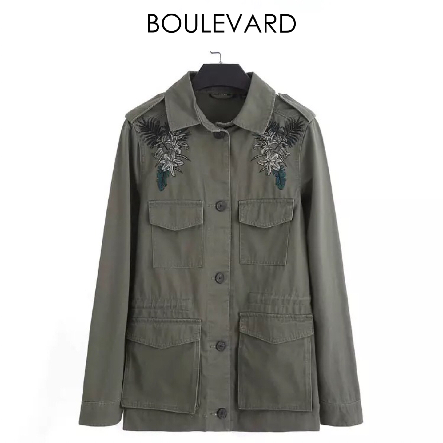 Boulevard เสื้อทหาร เสื้อแจ็คเก็ต เขียวทหาร แต่งปัก ดอกไม้ช่วงอก งานสวย แนว มากคะ แบรน BOULEVARD size S/M/L/XL KIABI เขียว