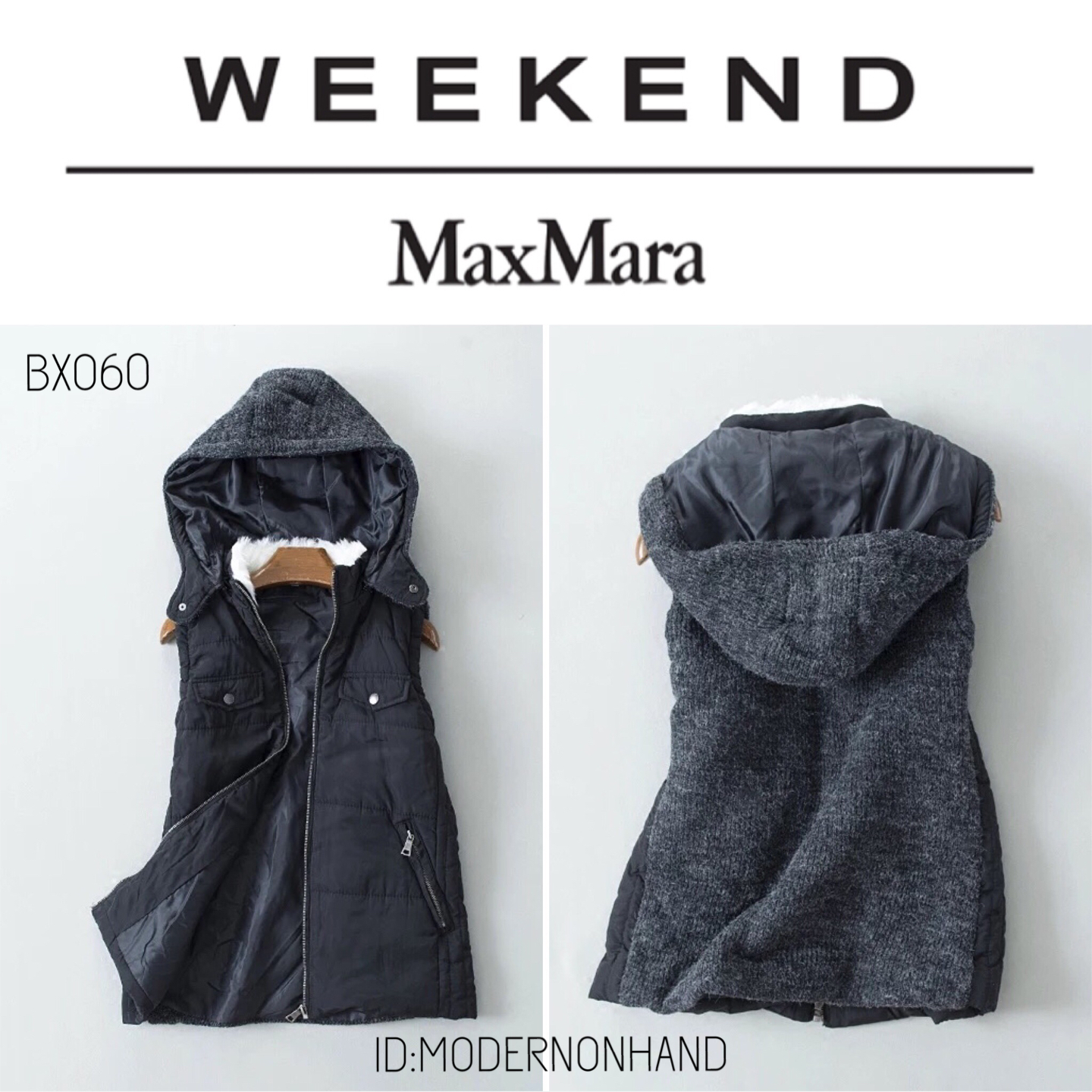 เสื้อกั๊ก กันหนาว กั๊กฮูทสีดำ แต่งขนสีขาวคอปกด้านใน แบรนด์WEEKEND (ฮูทถอดได้คะ) ดำ