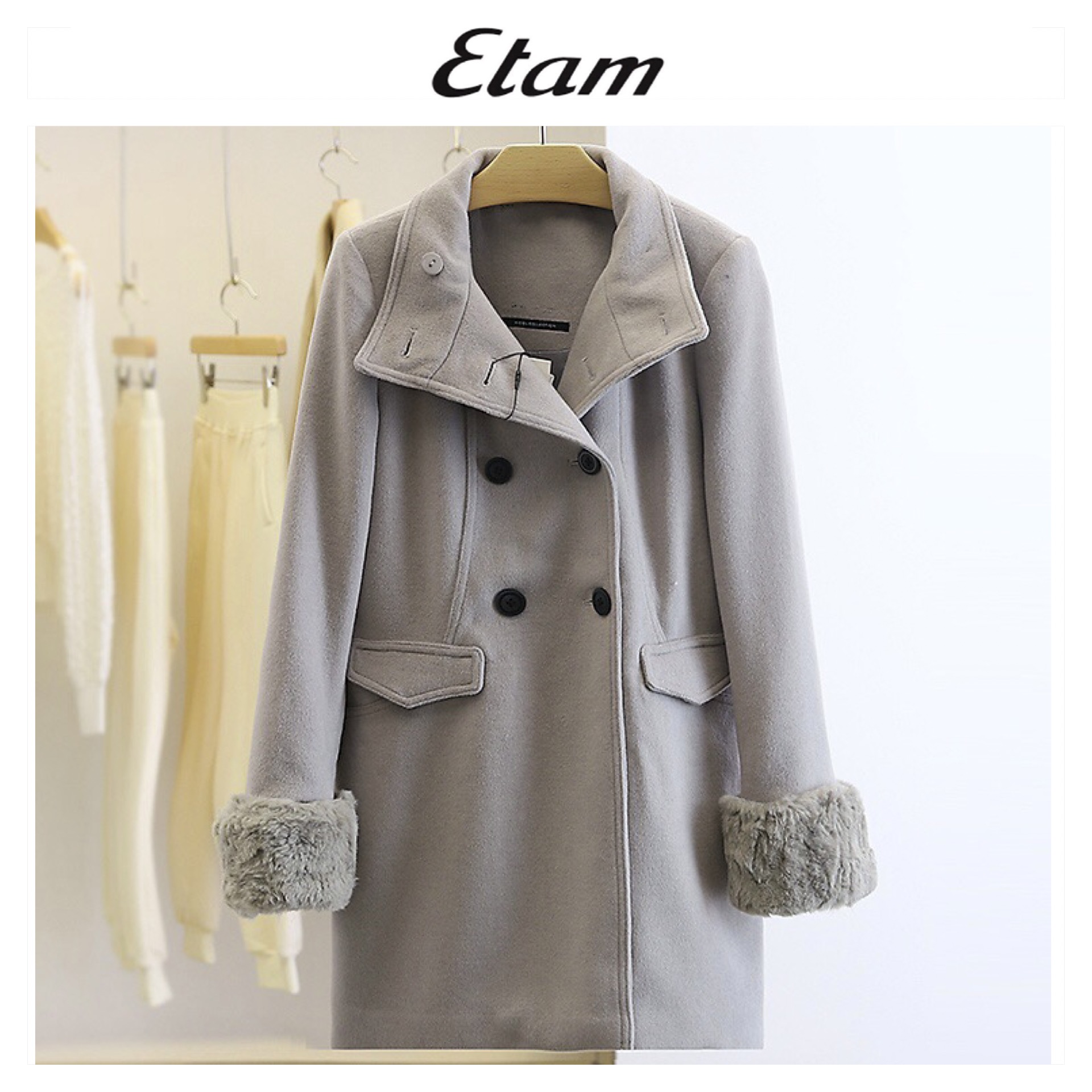 Etam เสื้อโค้ท เสื้อกันหนาว เนื้อผ้าสักหลาดวูล สีเทา แต่งกระดุมแถบ สองแถว แบรนด์ Etam (งานตัดป้าย) เทา