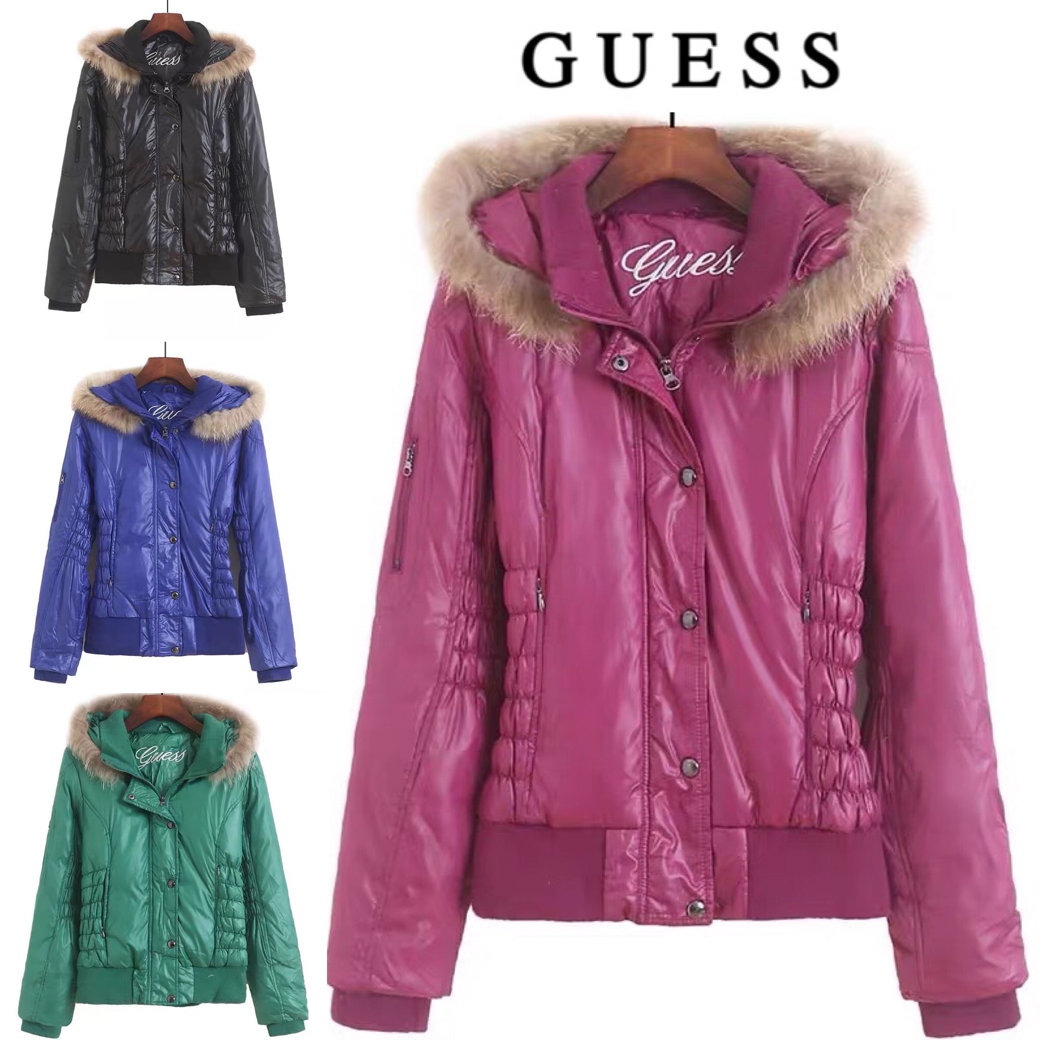 GUESS เสื้อกันหนาว ขนห่าน แต่งหมวกฮูท แบรนด์ GUESS ติดเฟอร์ปลายหมวก (ขนเฟอร์ถอดได้คะ) สำเนา ดำ