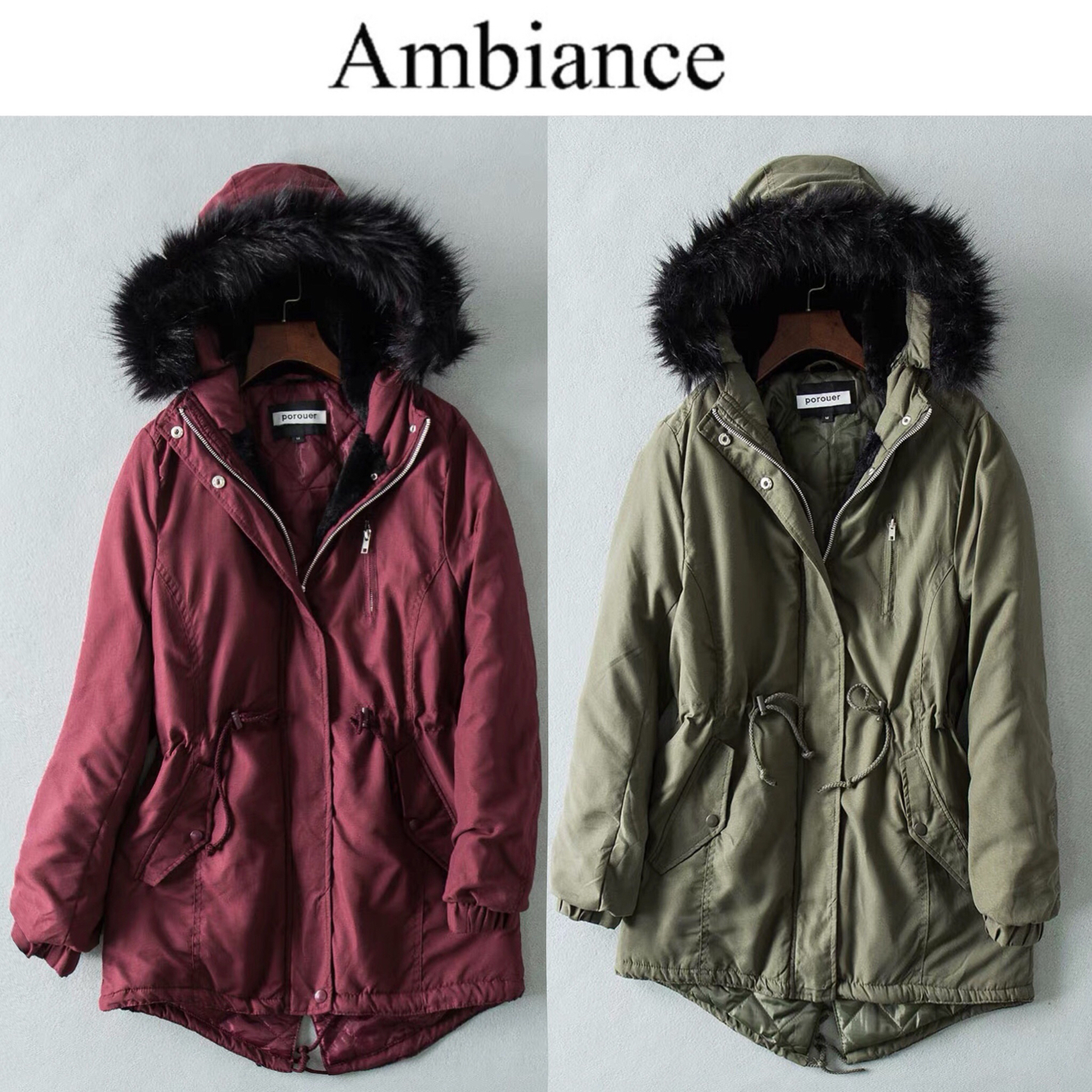 Ambiance เสื้อโค้ท ฮูท เสื้อกันหนาวparka สีเขียว แบรนด์ AMBIANCE OUTWEAR แต่งเฟอร์ บุนวมอุ่น งานสวย แนวมากคะ เขียว