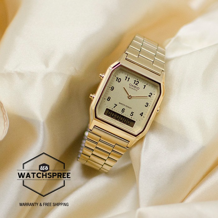 CASIO นาฬิกาคาสิโอ นาฬิกาข้อมือ นาฬิกากันน้ำ นาฬิกาของแท้ ประกันศูนย์ CMG 1 ปี รุ่น AQ-230GA-9B นาฬิกาสีทอง