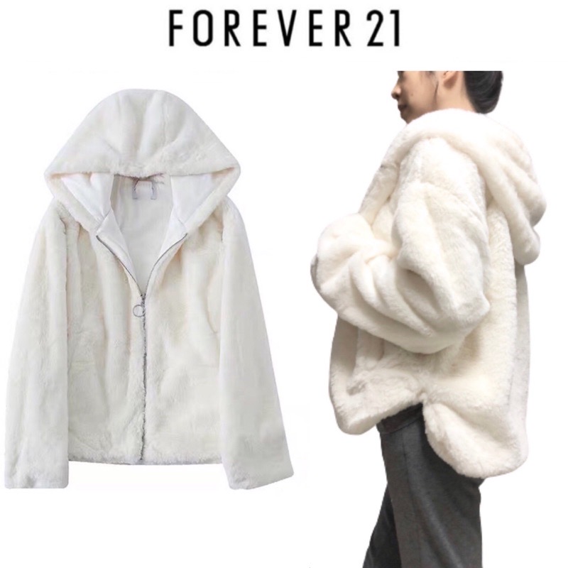 Forever21 เสื้อเฟอร์กันหนาว หมวกฮู้ด เสื้อขน แบรนด์ forever21 (FLUFFY COAT) ขาว