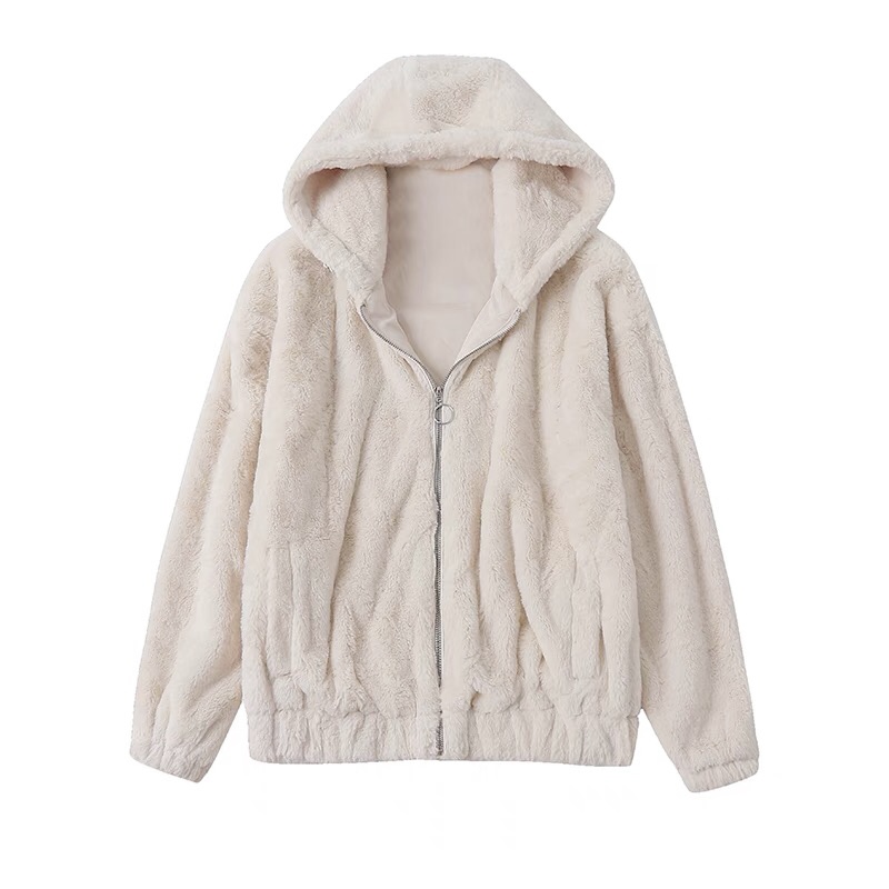 Cali 1985 เสื้อเฟอร์กันหนาว หมวกฮู้ด เสื้อขน (FLUFFY COAT) สีครีม แบรนด์ CALI 1985 Los Angeles ขาว