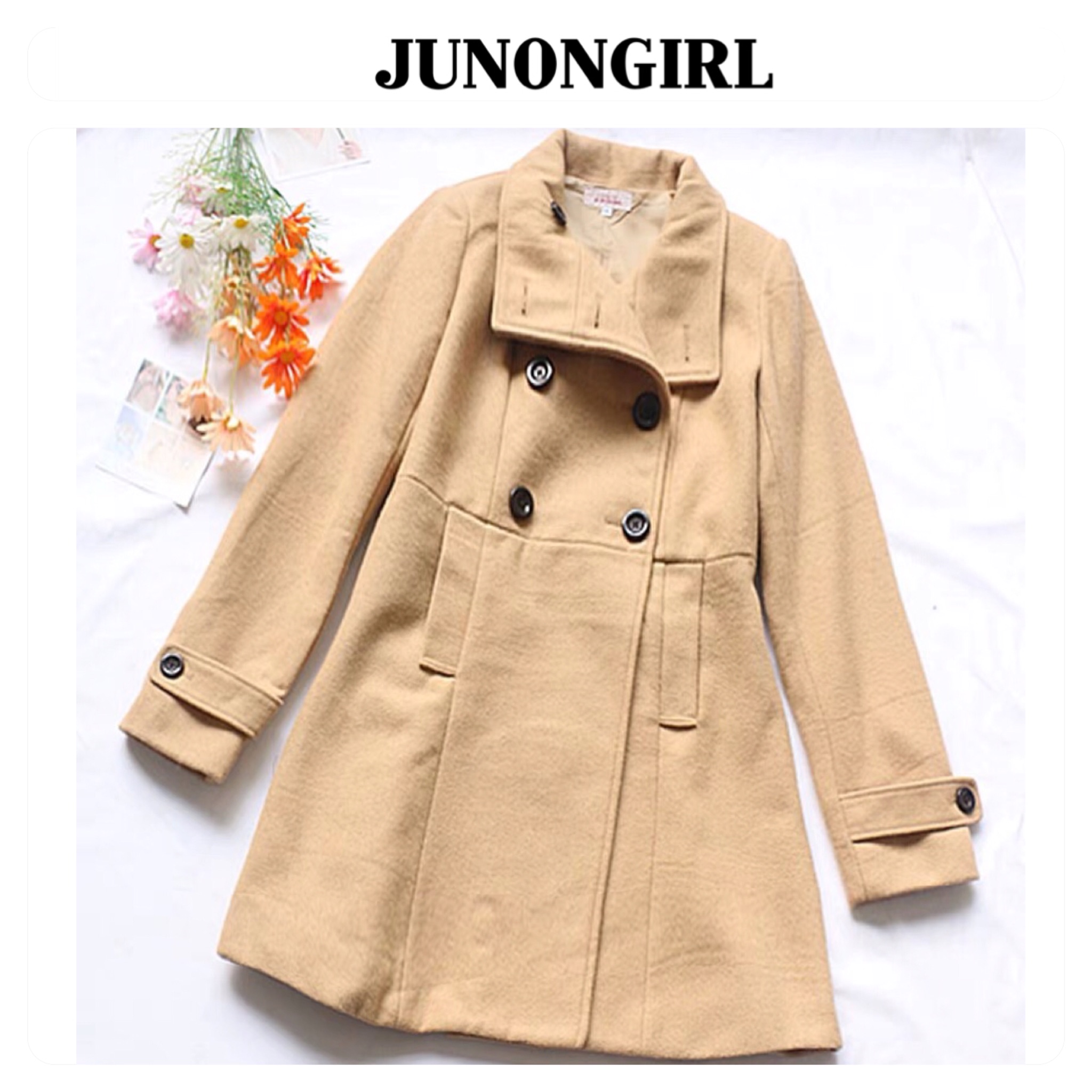JUNON GIRL เสื้อโค้ท เสื้อกันหนาว เนื้อผ้าสักหลาดวูล สีกากี กระดุมแถบ สองแถว แบรนด์ JUNON GIRL กากี