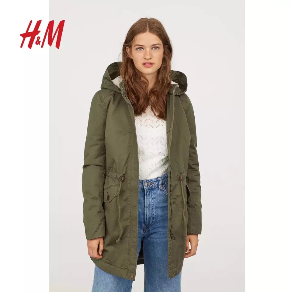 H&M เสื้อโค้ทฮู้ดกันหนาว เสื้อปาร์กา parka สีเขียว แบรนด์ H&M size S/M/L เขียว
