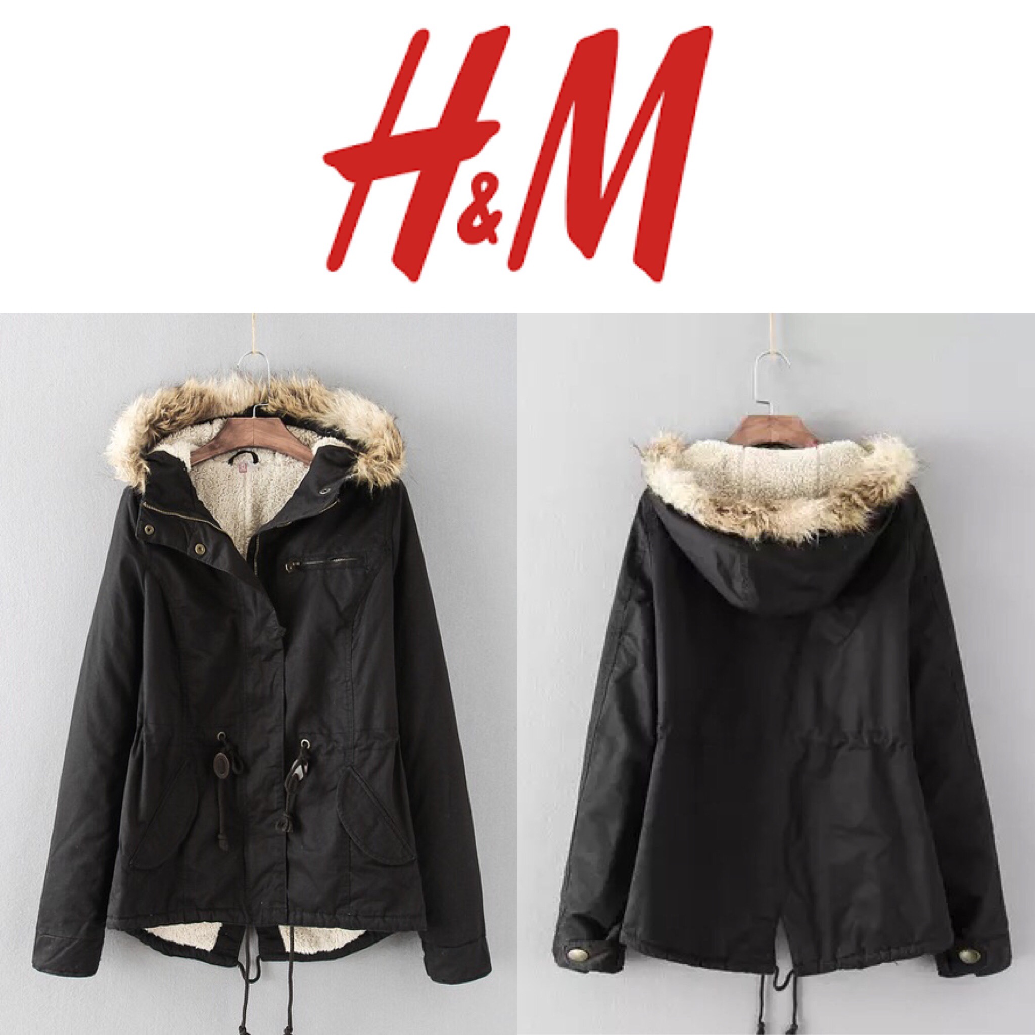 เสื้อโค้ท เสื้อกันหนาว สีเทา แบรนด์เนม H&M แต่งหมวกฮูท บุขนอุ่นสีขาวด้านใน แต่งขนเฟอร์ขอบหมวก แพทเทินสวย งานหรู อุ่น มากคะ size S/M/L/XL/XXL เทา