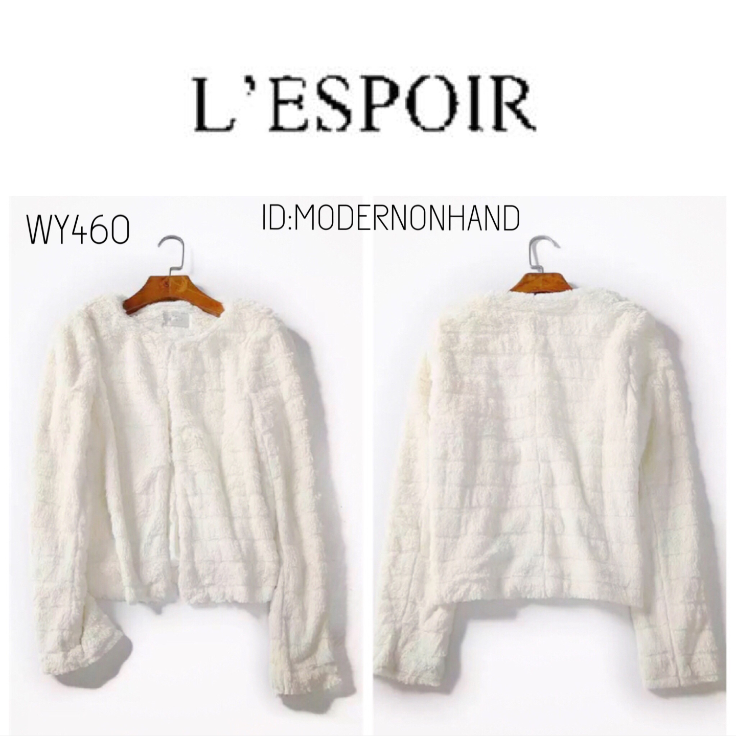 เสื้อคลุม เสื้อนอก กันหนาว เสื้อกันหนาวแต่งขนสีขาว แบรนด์เนม L'Espoir แท้ งานสวย ขนนุ่ม เนื้อละเอียดมากคะ Size M/L ขาว