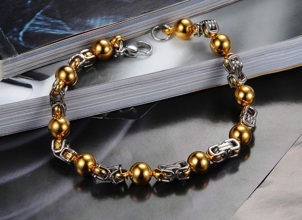สร้อยข้อมือผู้ชายเงิน ผสม ตุ้มทอง สร้อยข้อมือ 316L Stainless steel ลายโซ่ สลับ ลูกปัด สีทอง สุดหรู ใส่ออกงาน เสริมบารมี สร้อยข้อมือให้แฟน 616014
