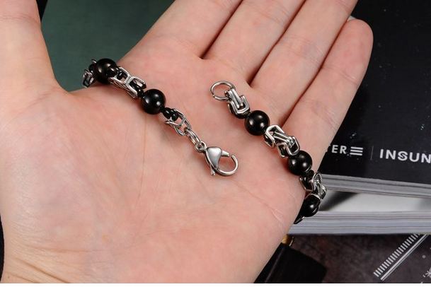 สร้อยข้อมือผู้ชายเงิน ผสม ตุ้มลูกปัด สีดำ สร้อยข้อมือ 316L Stainless steel ลายโซ่ สลับ ลูกปัด สุดหรู ใส่ออกงาน แบบเท่ ๆ ดูดี 814135