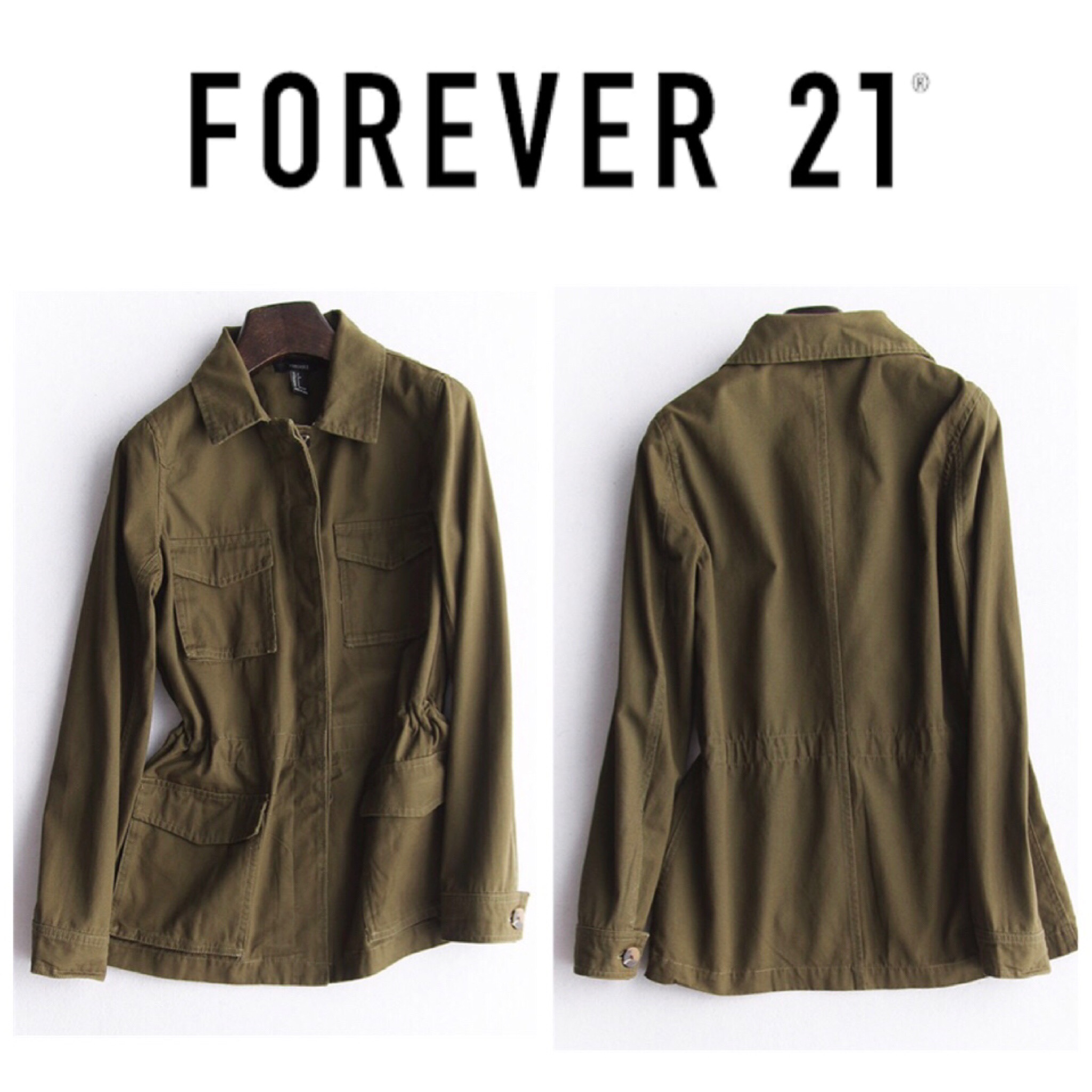 เสื้อนอก เสื้อแจ็คเก็ต นอก เขียวทหาร แบรนด์เนมFOREVER21 แต่งกระเป๋า สวย เท่ห์ Size S/M/L
