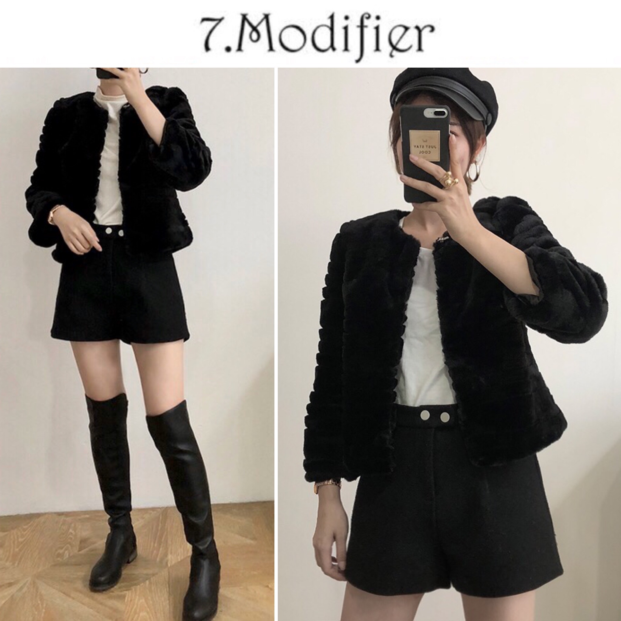 7.modifier เสื้อเฟอร์กันหนาว กันหนาวขนเฟอร์สีดำ แบรนด์ 7.Modifier เสื้อคลุมขน ดำ