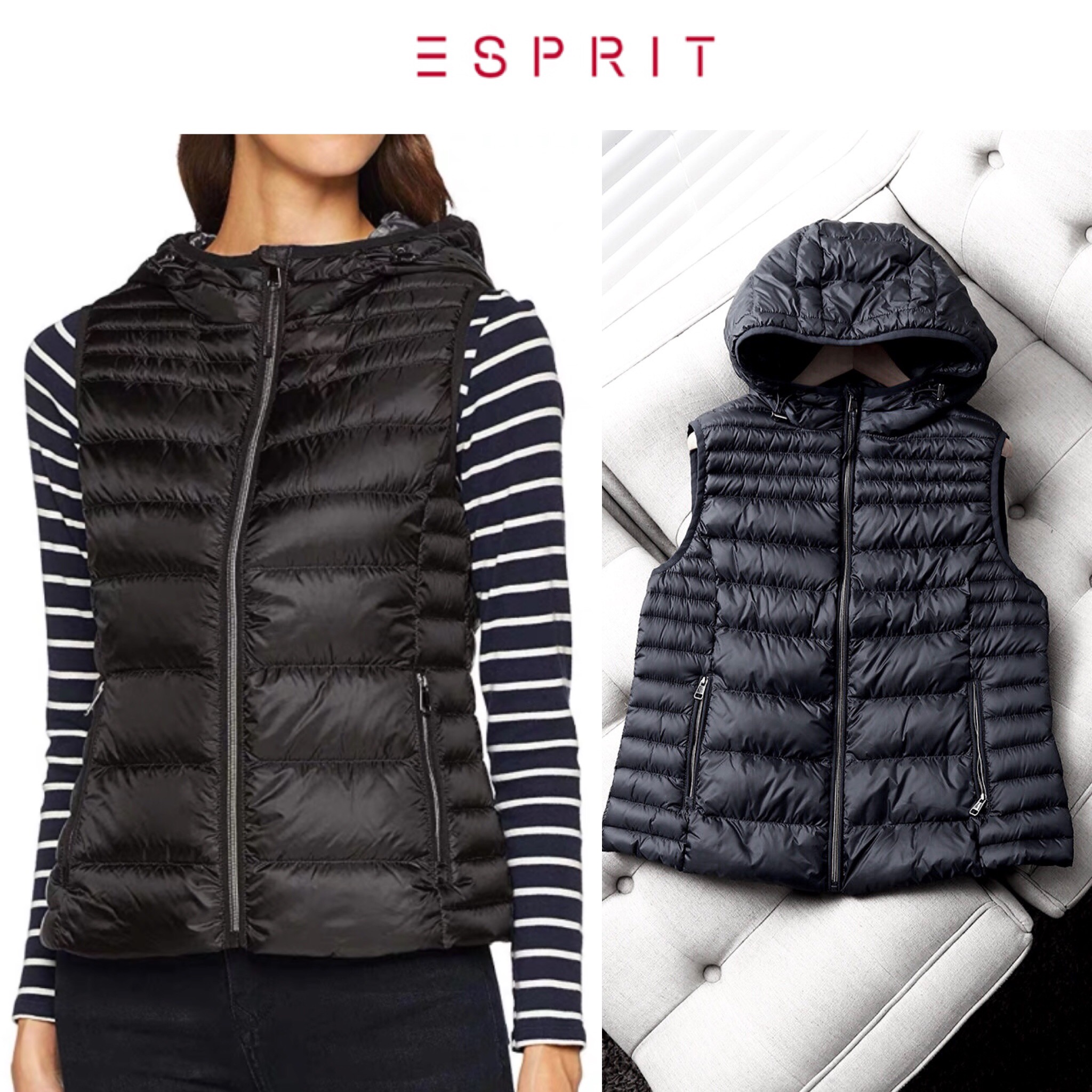ESprit เสื้อกั๊ก กันหนาว กั๊กฮู้ด ขนเป็ด งานแบรนด์ ESprit สวยอุ่น มากคะ(Down90%+Feather10%) ดำ