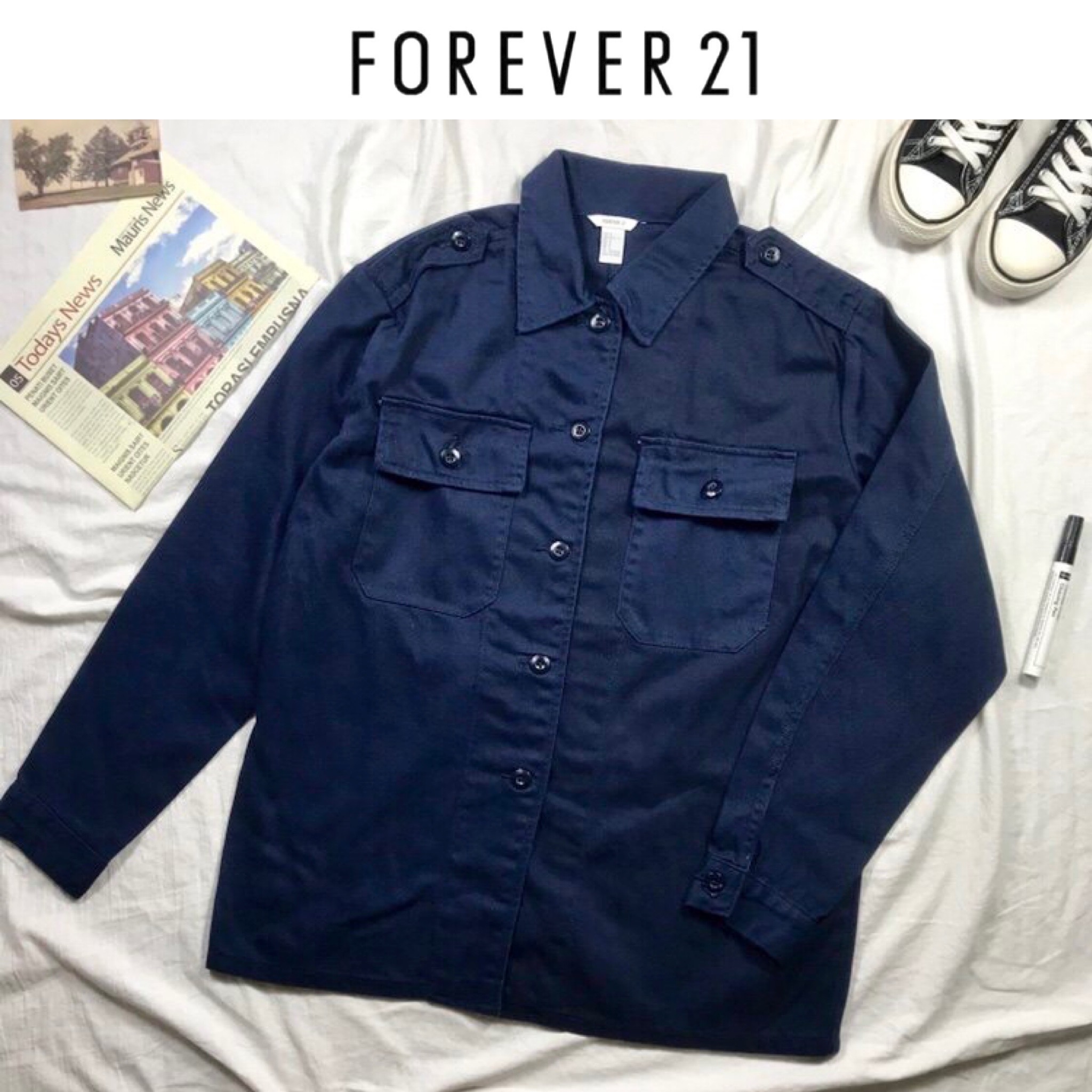 Forever21 เสื้อทหาร เสื้อฮู้ดน้ำเงินกรมทหาร เสื้อนอกแนวทหาร Forever21 แพทเทินสวย เท่ห์มาก น้ำเงินกรม