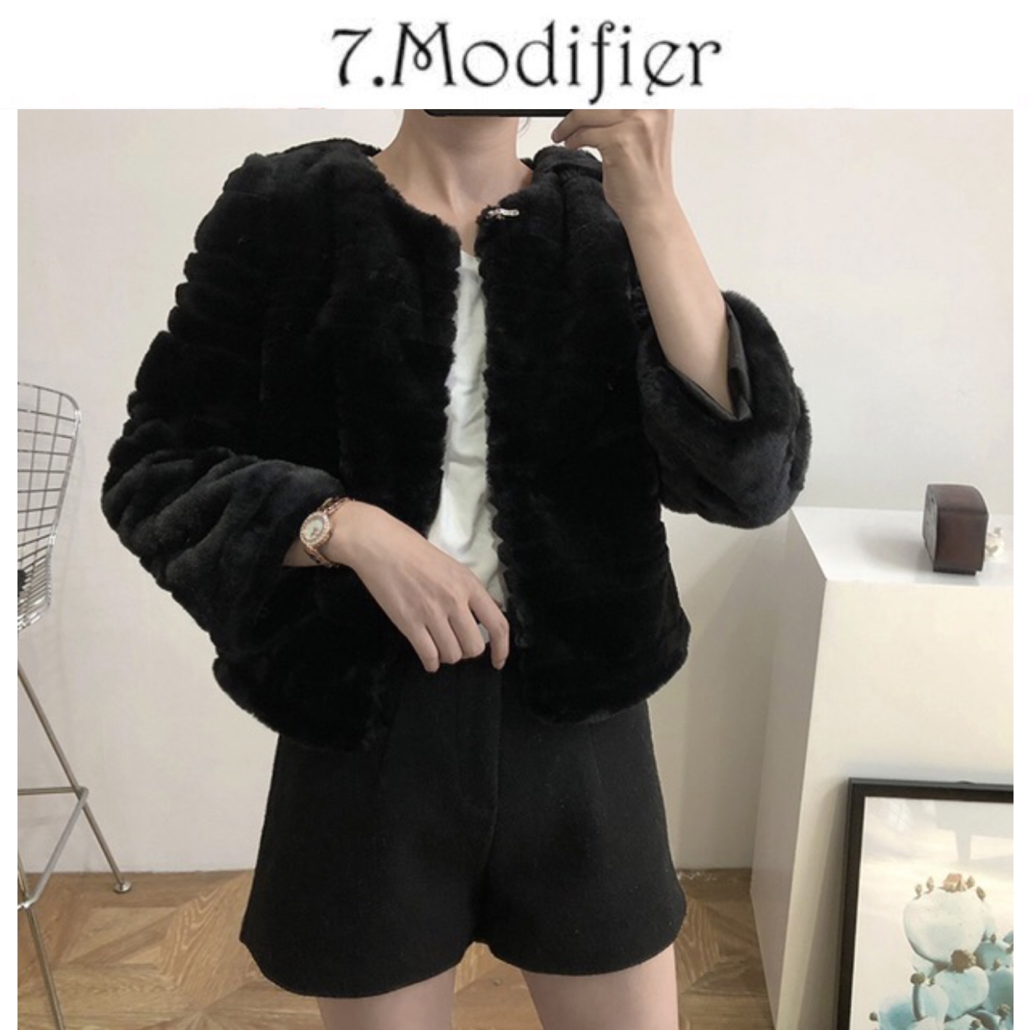 7.modifier เสื้อเฟอร์กันหนาว กันหนาวขนเฟอร์สีดำ แบรนด์ 7.Modifier เสื้อคลุมขน ดำ
