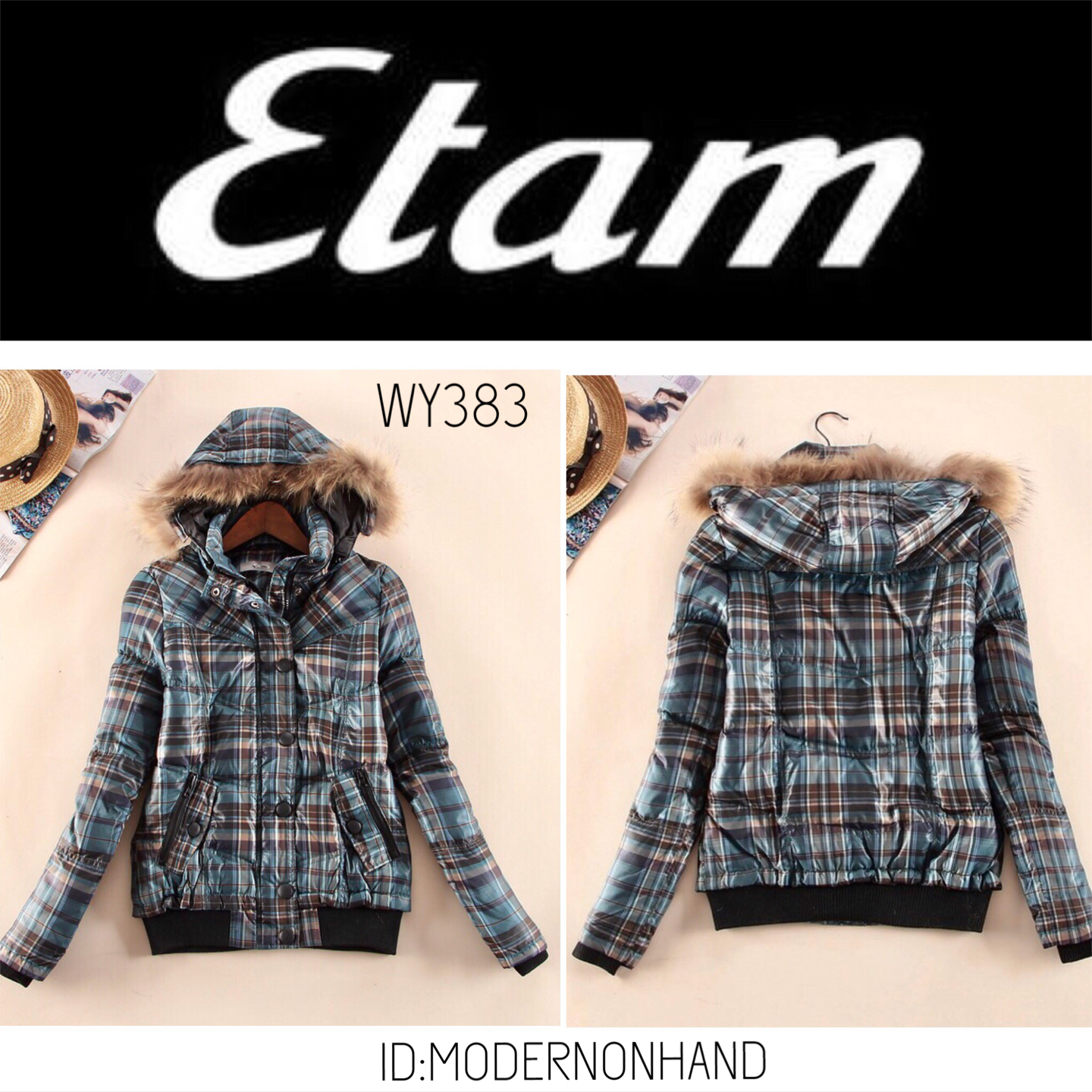 เสื้อกันหนาว เสื้อขนเป็ด brand name ETAM ฝรั่งเศส แท้ 100% แต่งหมวกฮูท ติดขนเฟอร์ปลายหมวก (หมวกฮูท&เฟอร์ถอดได้ทุกจุดคะ) เฟอร์สวย นุ่ม พริ้ว ลายตารางฟ้าเขียว งานสวยมากคะ Size S/M