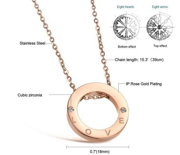 สร้อยคอผู้หญิง สร้อยคอ สี Rose Gold Stainless Steel ห้อยจี้ วงกลม ติดเพชร CZ AAA สลักอักษร Love สร้อยคอ ให้แฟน สุดหรู 702390