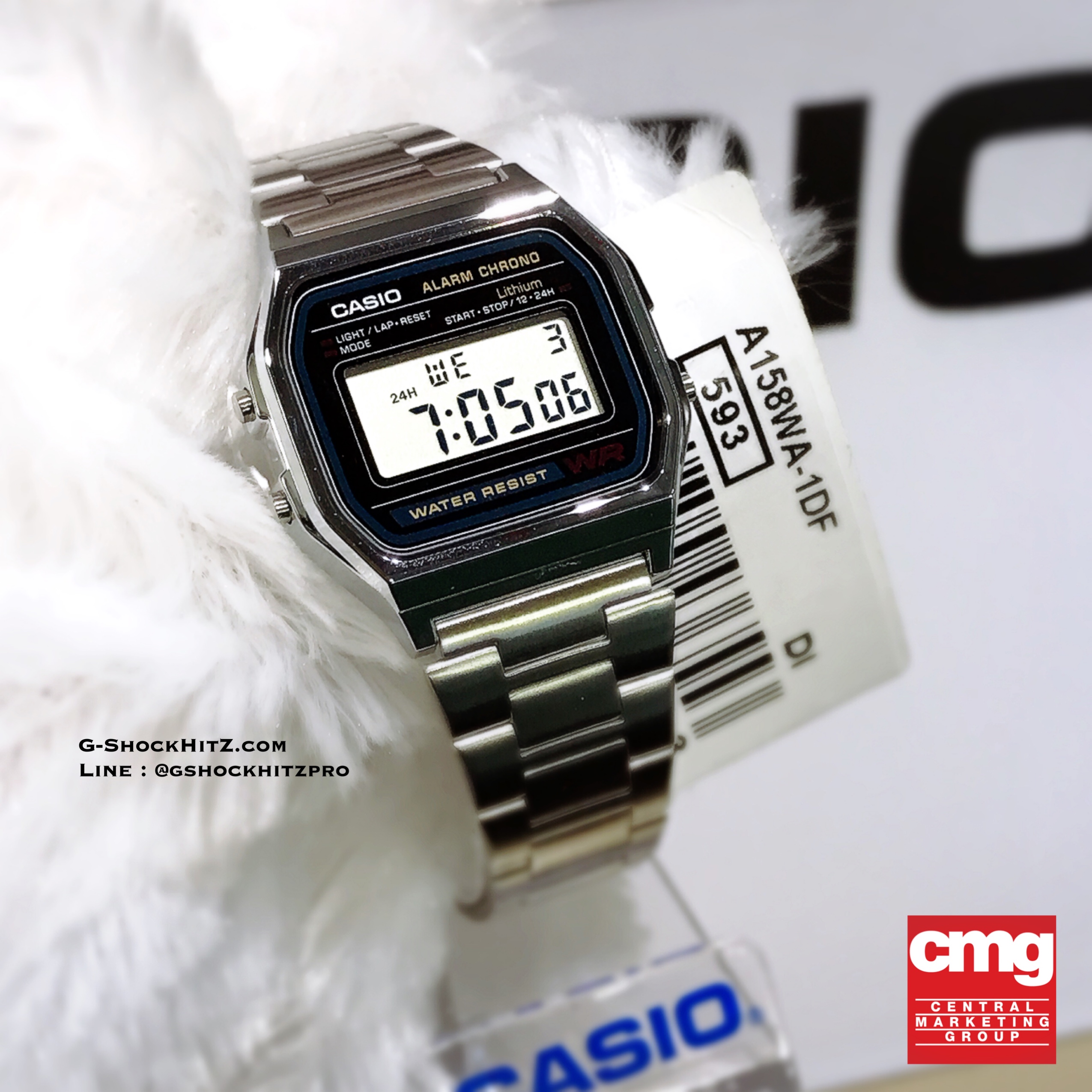 CASIO นาฬิกาคาสิโอ นาฬิกาข้อมือ นาฬิกากันน้ำ นาฬิกาของแท้ ประกันศูนย์ CMG 1 ปี รุ่น A158WA-1D นาฬิกาสีเงิน