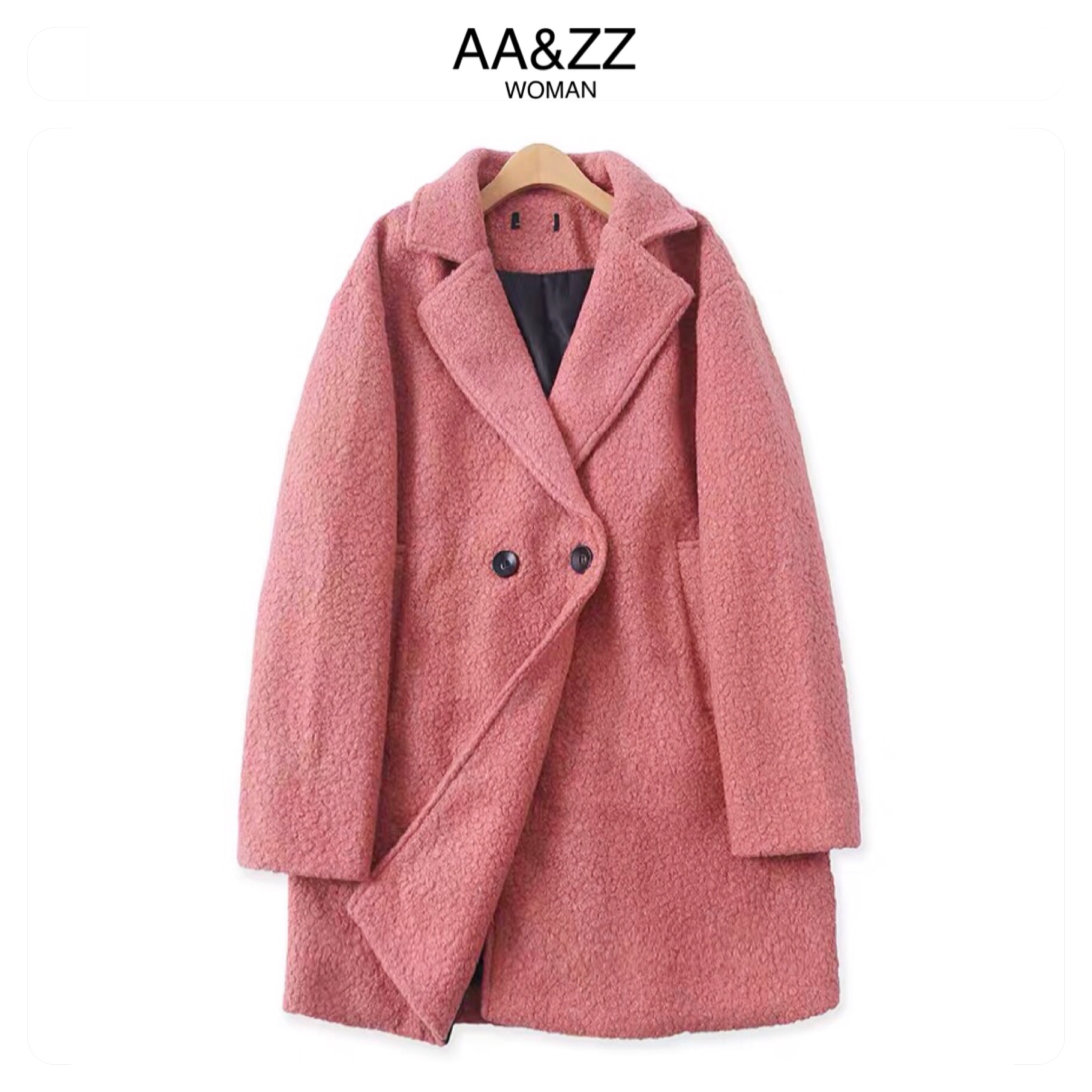 เสื้อโค้ดกันหนาว เสื้อกันหนาว overcoat โค้ทวูล สีชมพูนู้ดพาสเทล สักหลาด ผสมวูล คอปก กระดุมสองแถว แบรนด์ AA&ZZ WOMAN ชมพูนู้ด